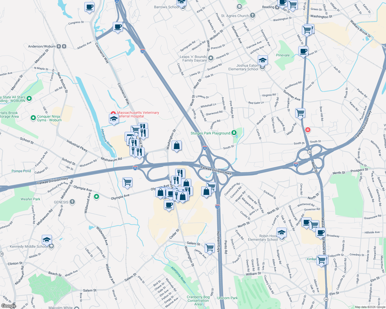 map of restaurants, bars, coffee shops, grocery stores, and more near 41 Richard Circle in Woburn