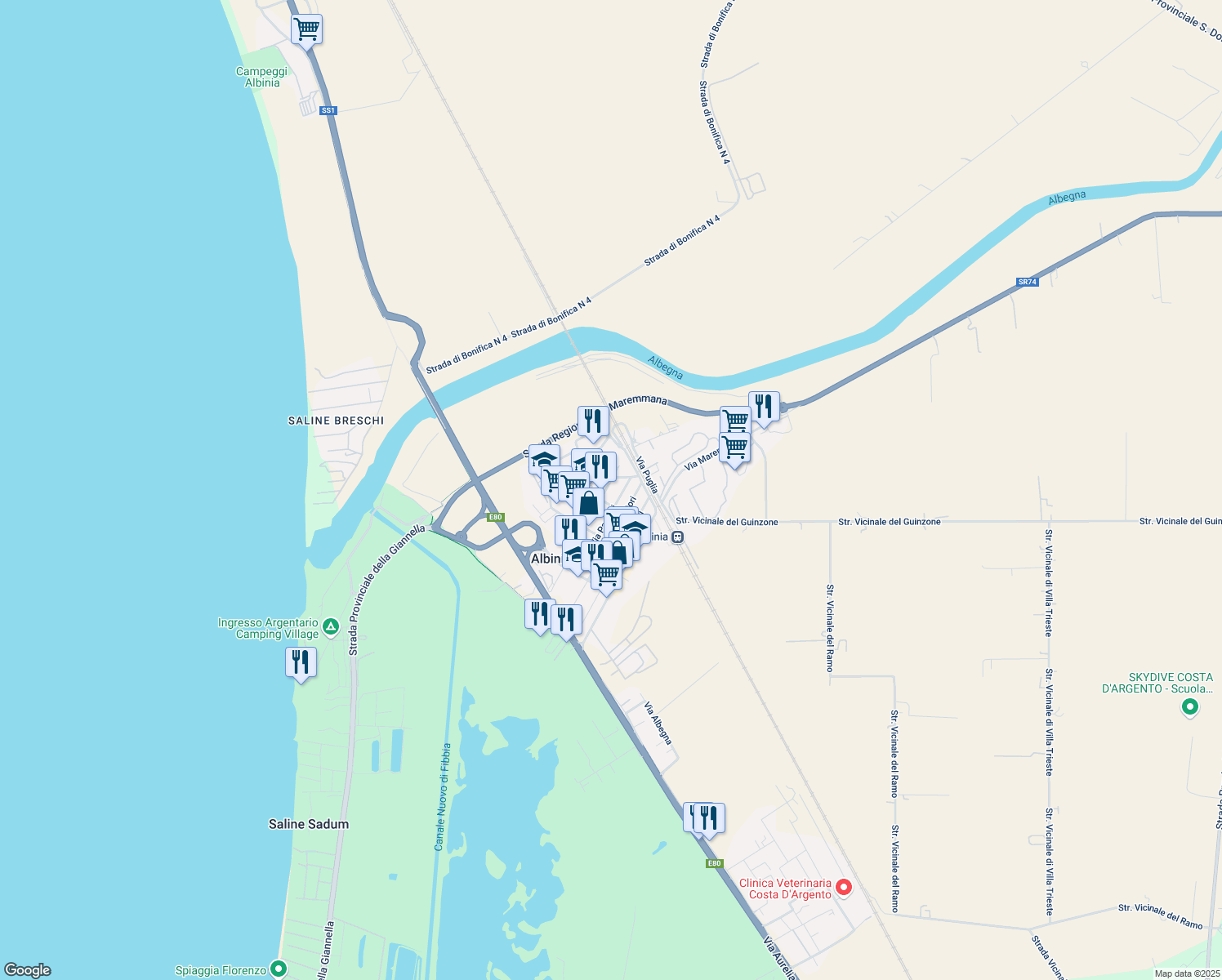 map of restaurants, bars, coffee shops, grocery stores, and more near 28 Via Antonio De Witt in Albinia