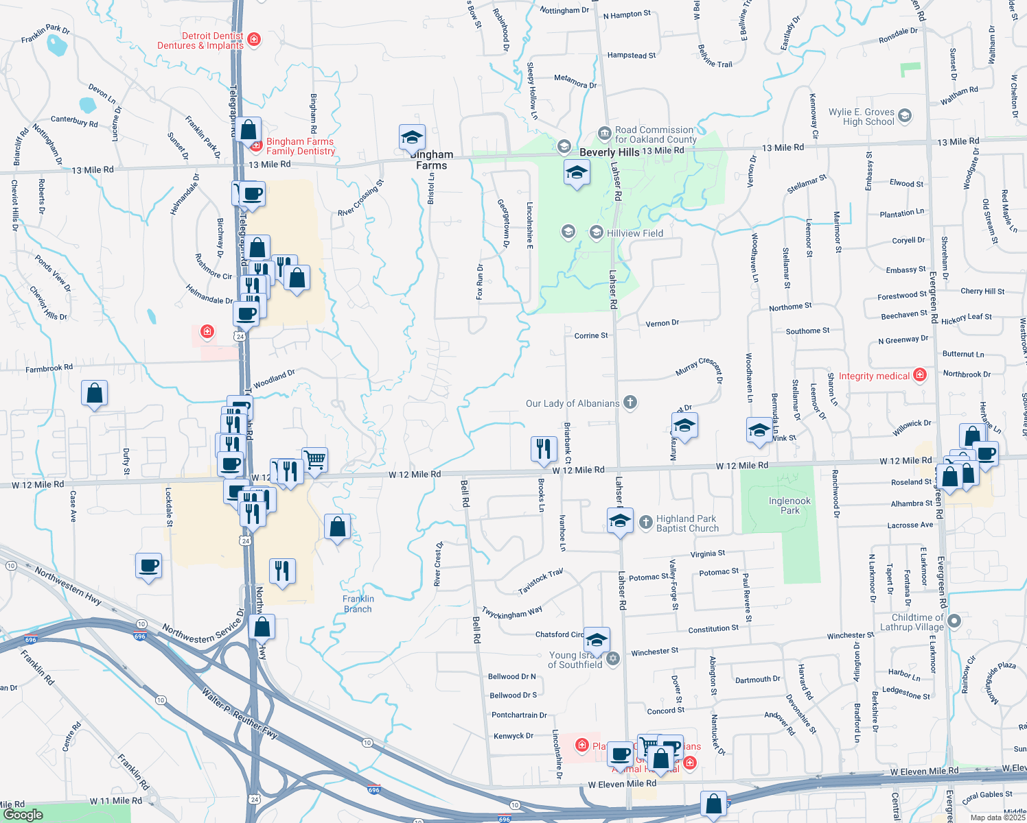 map of restaurants, bars, coffee shops, grocery stores, and more near 29380 Brooks Ln in Southfield