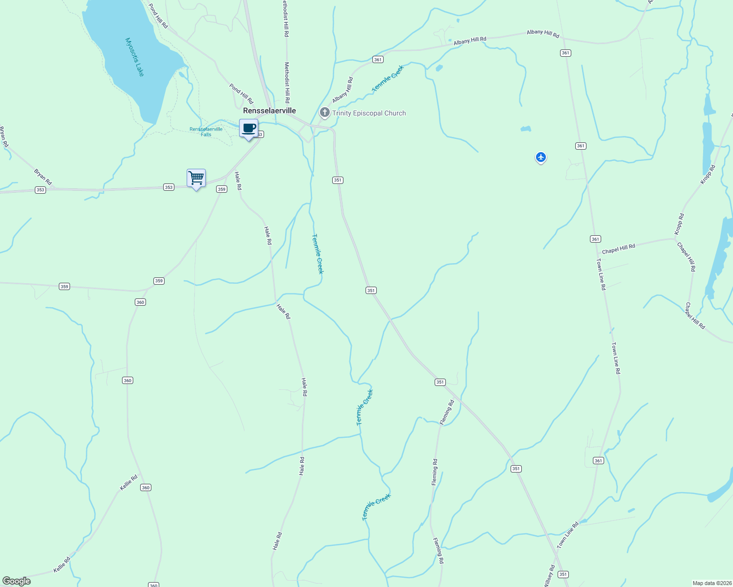 map of restaurants, bars, coffee shops, grocery stores, and more near 1245 County Road 351 in Rensselaerville