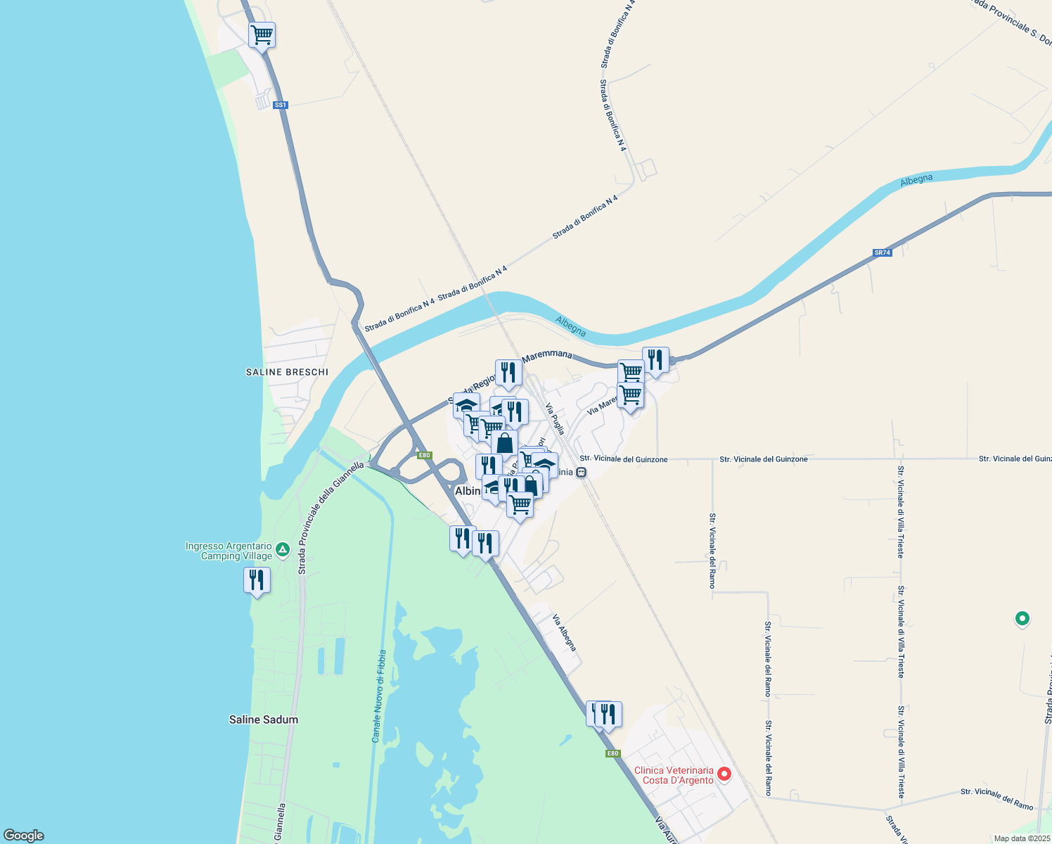 map of restaurants, bars, coffee shops, grocery stores, and more near 28 Via Antonio de Witt in Albinia
