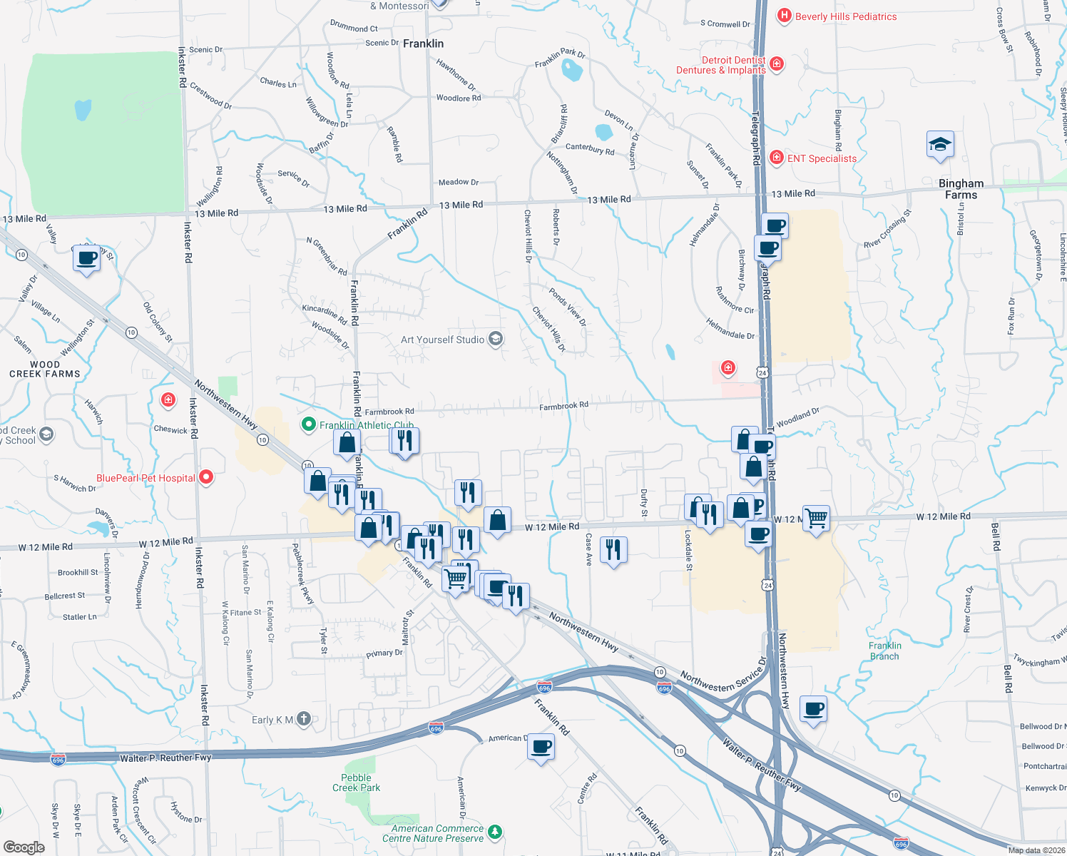 map of restaurants, bars, coffee shops, grocery stores, and more near 25575 Farmbrook Rd in Southfield