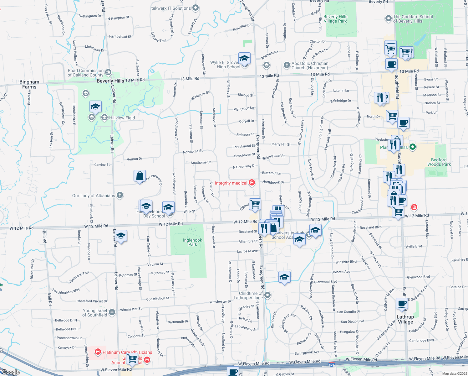 map of restaurants, bars, coffee shops, grocery stores, and more near 20380 Wildhern Street in Southfield