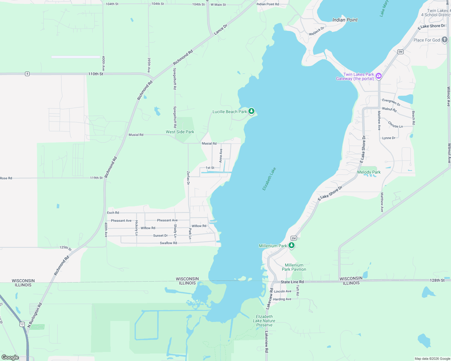 map of restaurants, bars, coffee shops, grocery stores, and more near 2502 Steinert Road in Twin Lakes