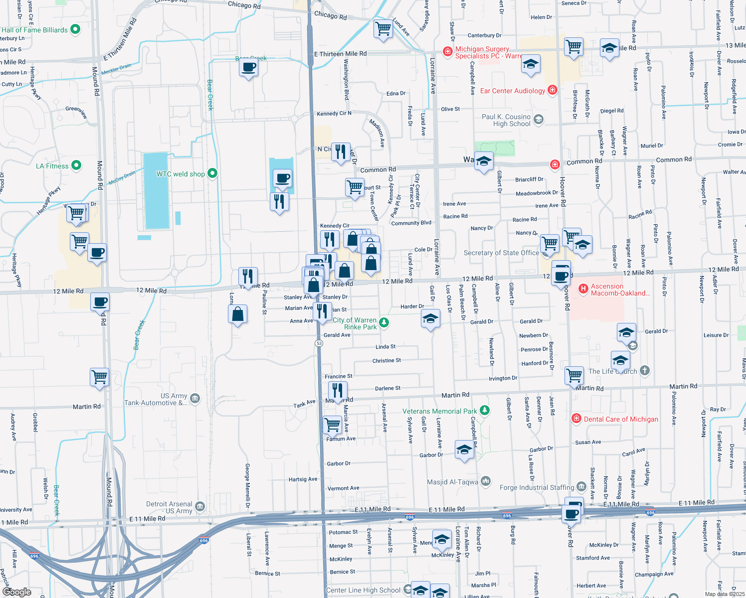 map of restaurants, bars, coffee shops, grocery stores, and more near 8318 Stanley Drive in Warren