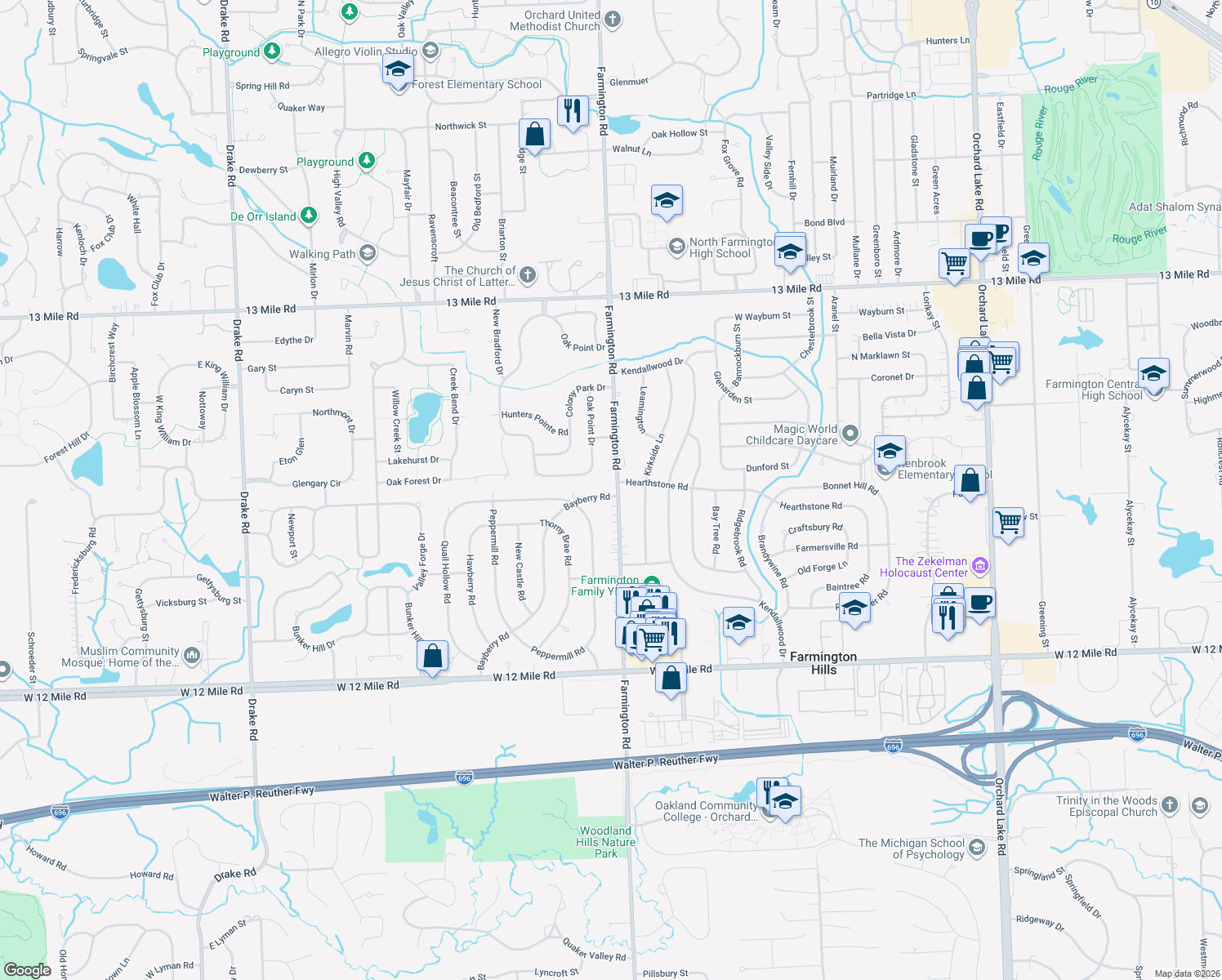 map of restaurants, bars, coffee shops, grocery stores, and more near 28491 Bayberry Road in Farmington Hills