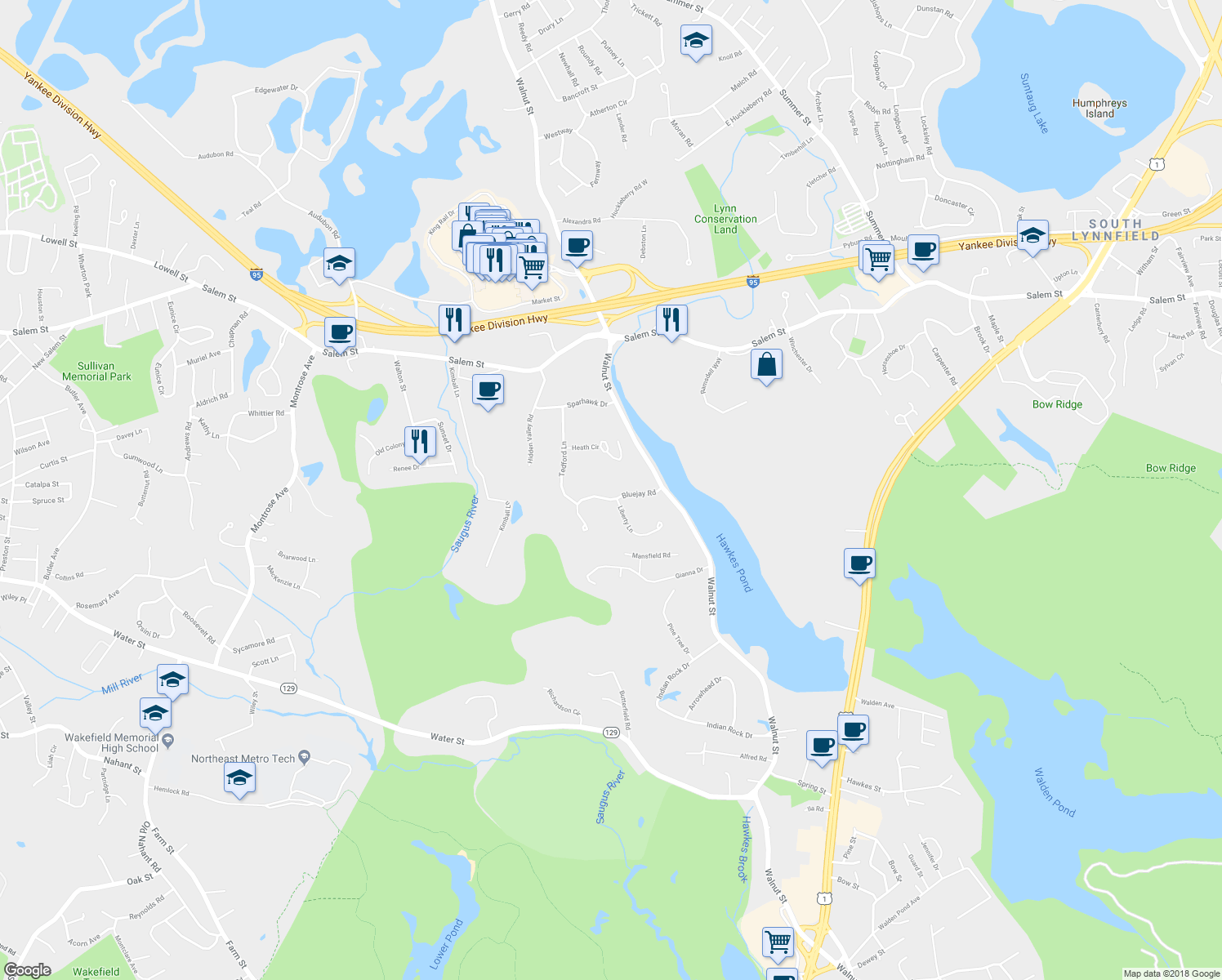 map of restaurants, bars, coffee shops, grocery stores, and more near 17 Bluejay Road in Lynnfield