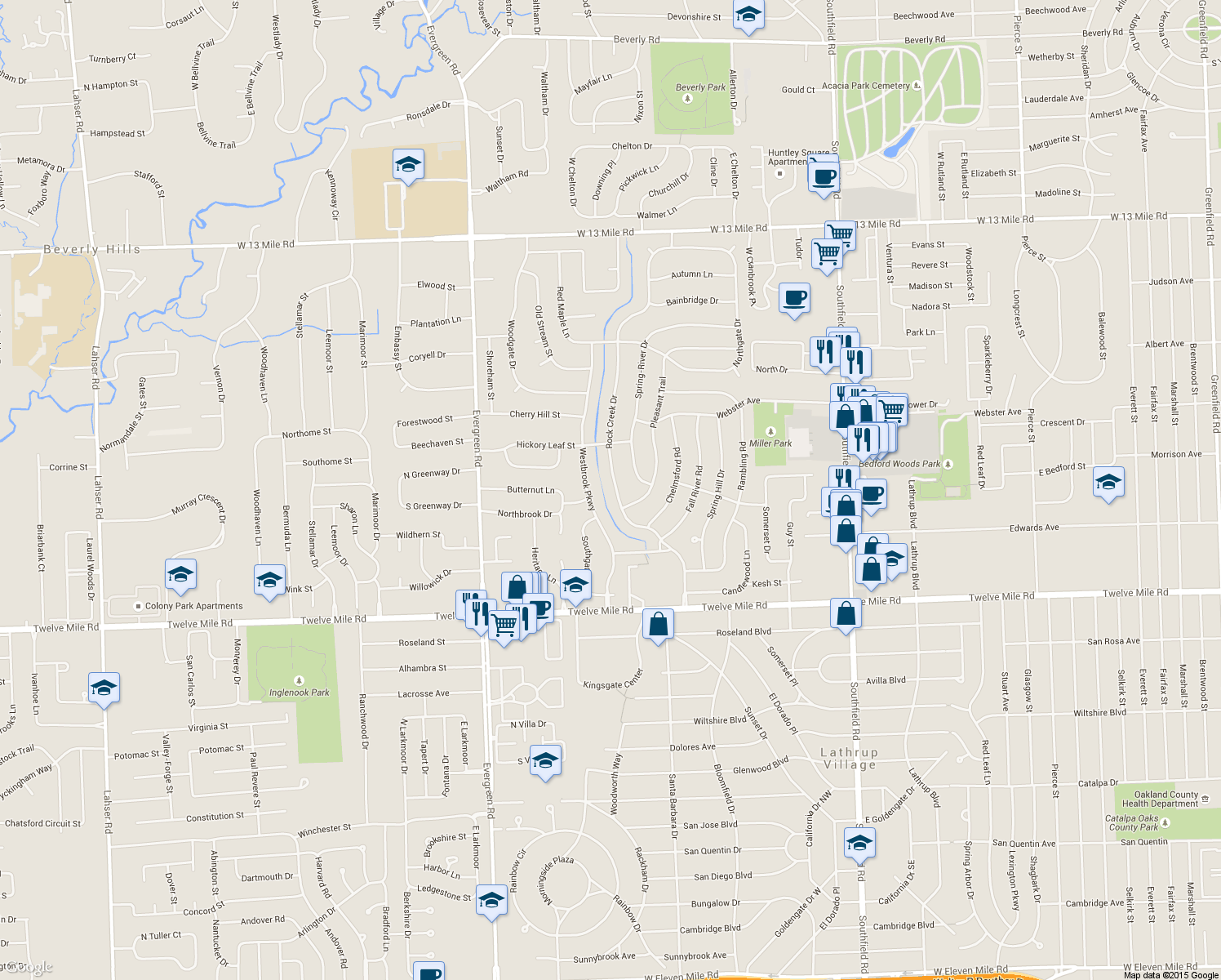 map of restaurants, bars, coffee shops, grocery stores, and more near 29659 Rock Creek Drive in Southfield