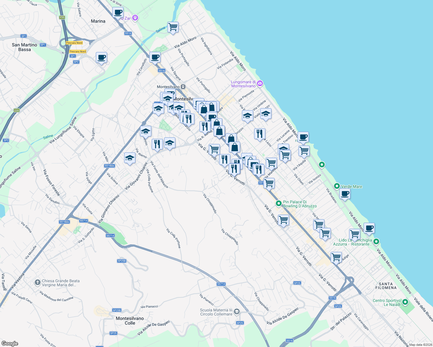 map of restaurants, bars, coffee shops, grocery stores, and more near Via Massimo D'Azeglio in Montesilvano