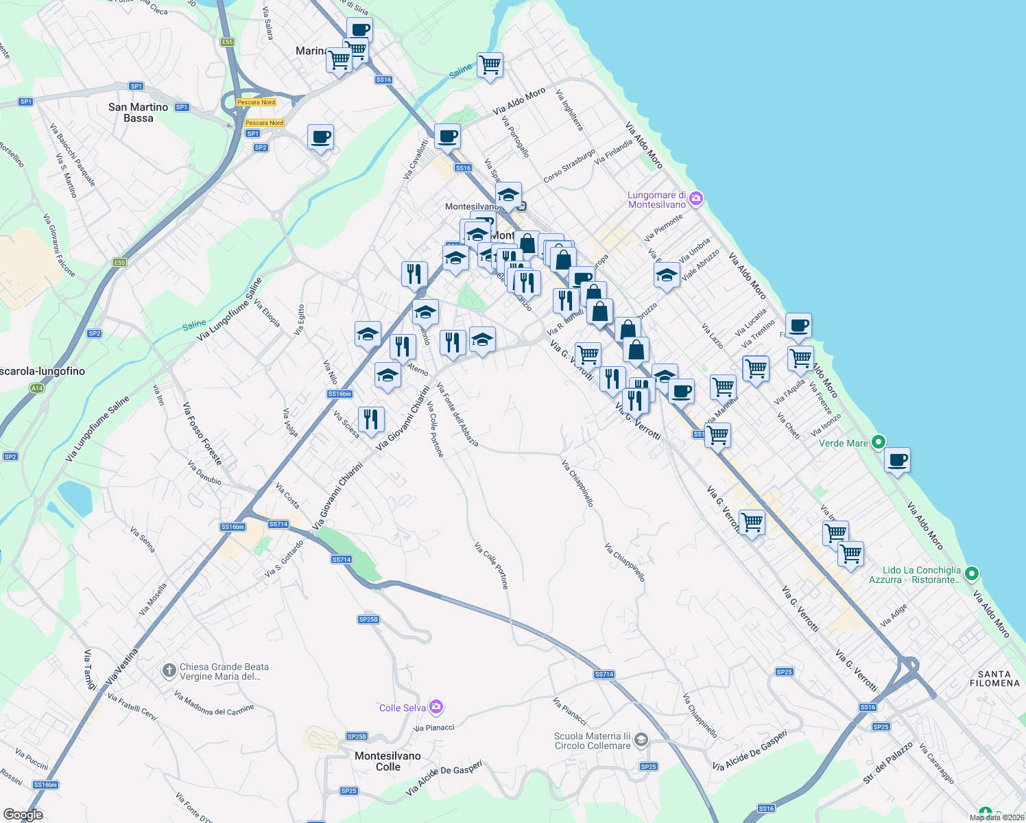map of restaurants, bars, coffee shops, grocery stores, and more near 1 Via Colle della Vecchia in Montesilvano