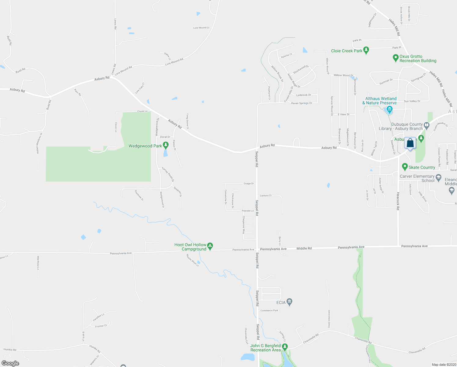 map of restaurants, bars, coffee shops, grocery stores, and more near 6324 Osage Drive in Asbury