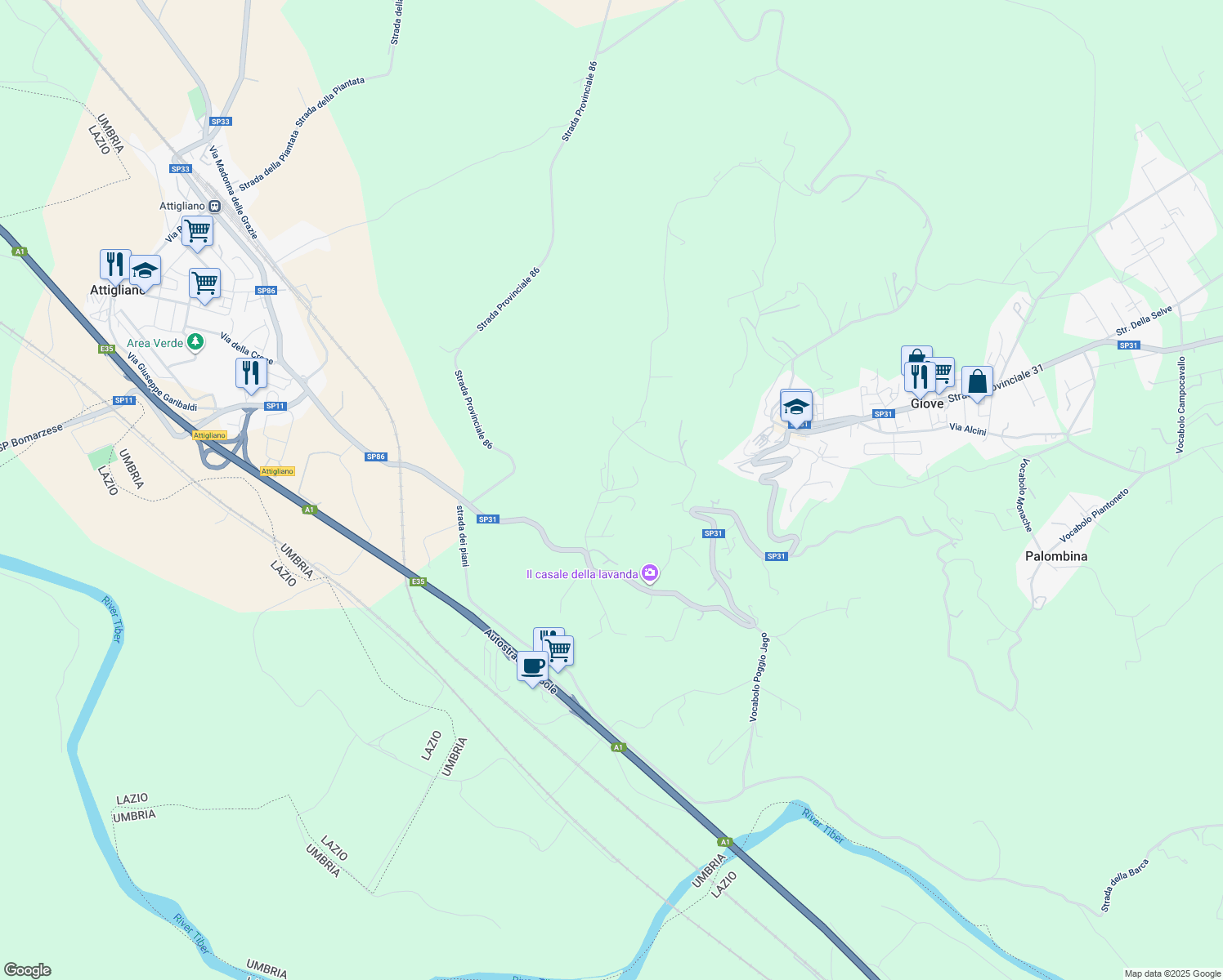 map of restaurants, bars, coffee shops, grocery stores, and more near 120 Vocabolo Sughera in Provincia di Terni