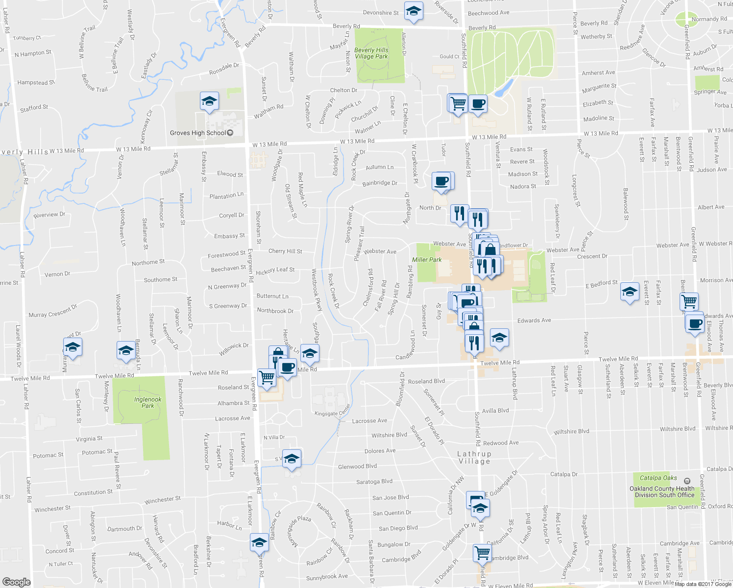 map of restaurants, bars, coffee shops, grocery stores, and more near 29661 Chelmsford Road in Southfield