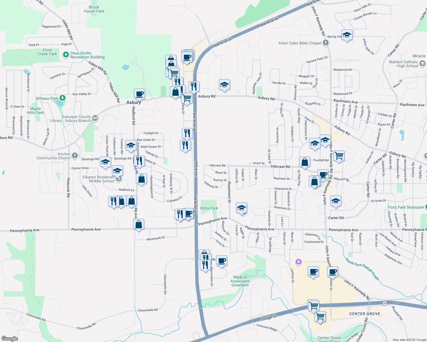 map of restaurants, bars, coffee shops, grocery stores, and more near 3932 Short St in Dubuque