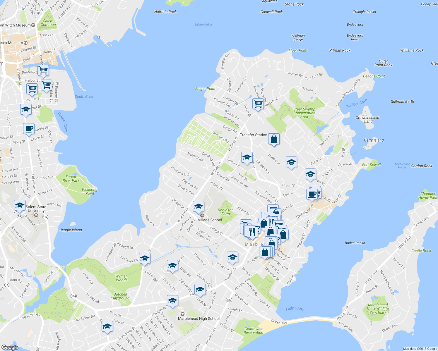 map of restaurants, bars, coffee shops, grocery stores, and more near 98 Evans Road in Marblehead