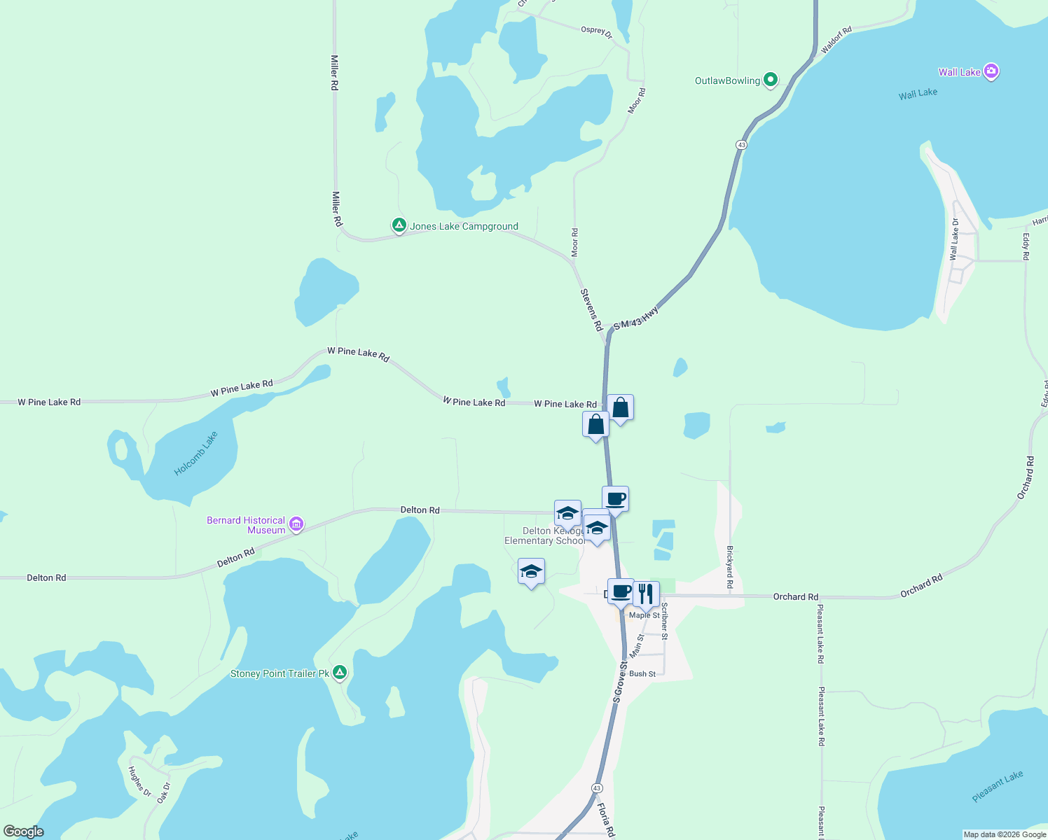 map of restaurants, bars, coffee shops, grocery stores, and more near 6431 West Pine Lake Road in Delton