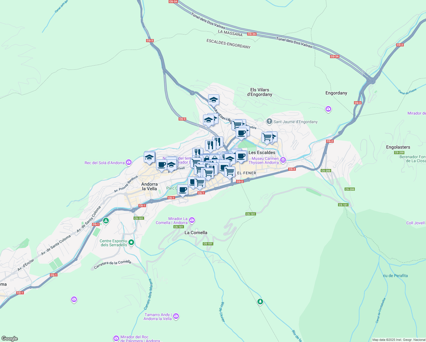 map of restaurants, bars, coffee shops, grocery stores, and more near 2 Passatge d'Europa in Andorra la Vella