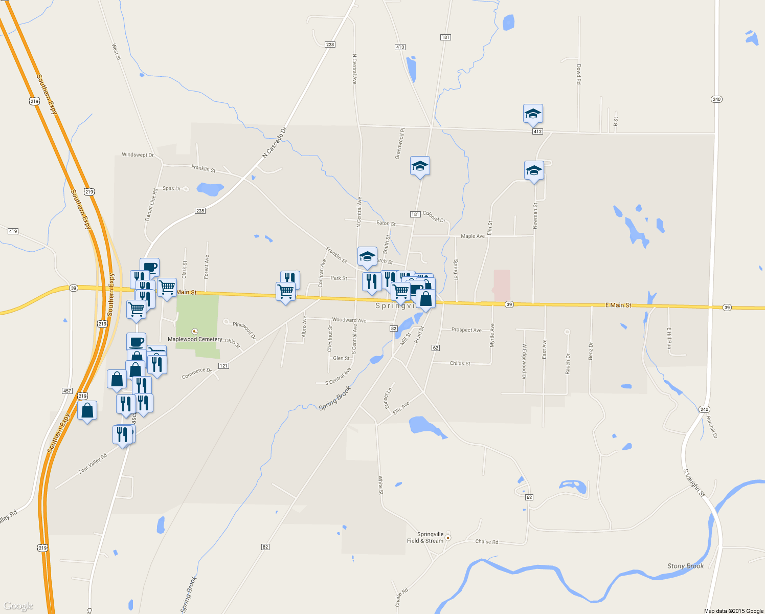 map of restaurants, bars, coffee shops, grocery stores, and more near 40 West Main Street in Springville