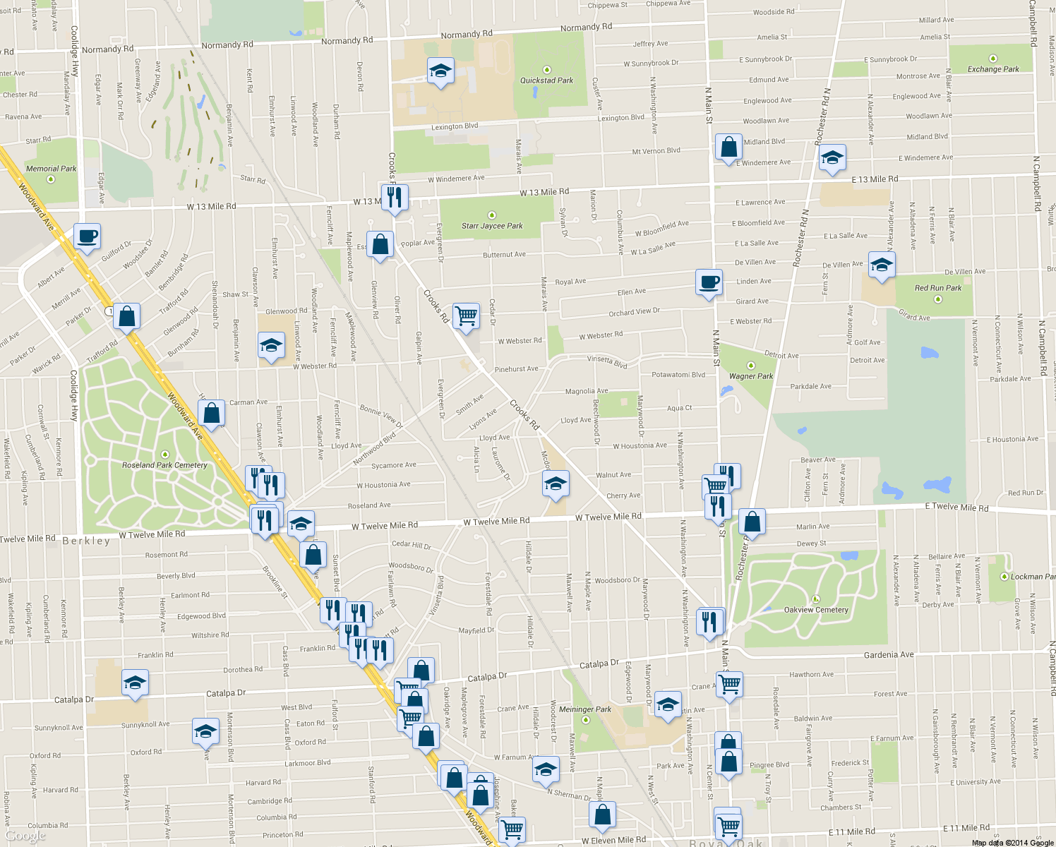 map of restaurants, bars, coffee shops, grocery stores, and more near 2222 Vinsetta Boulevard in Royal Oak