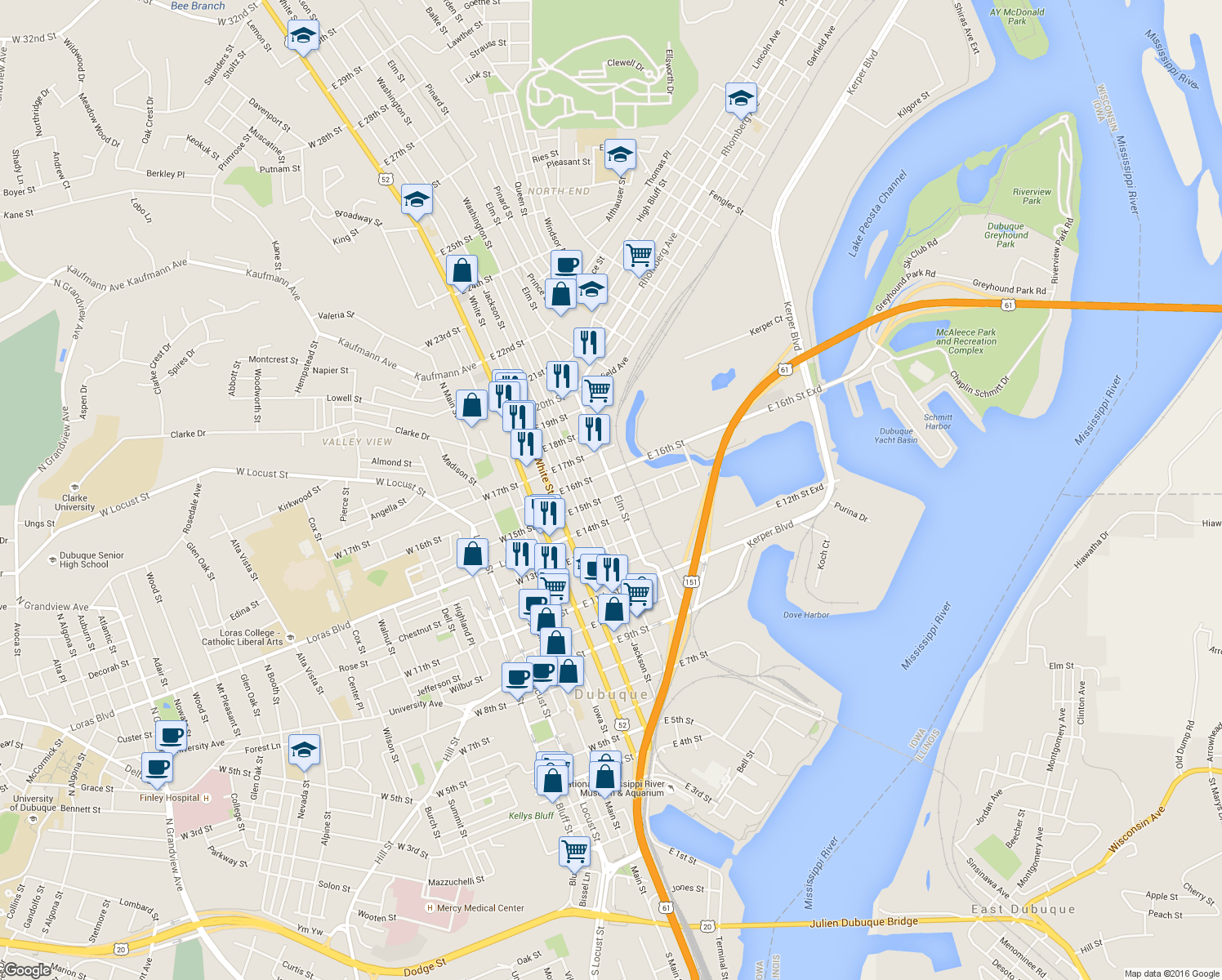 map of restaurants, bars, coffee shops, grocery stores, and more near 1515 Elm Street in Dubuque