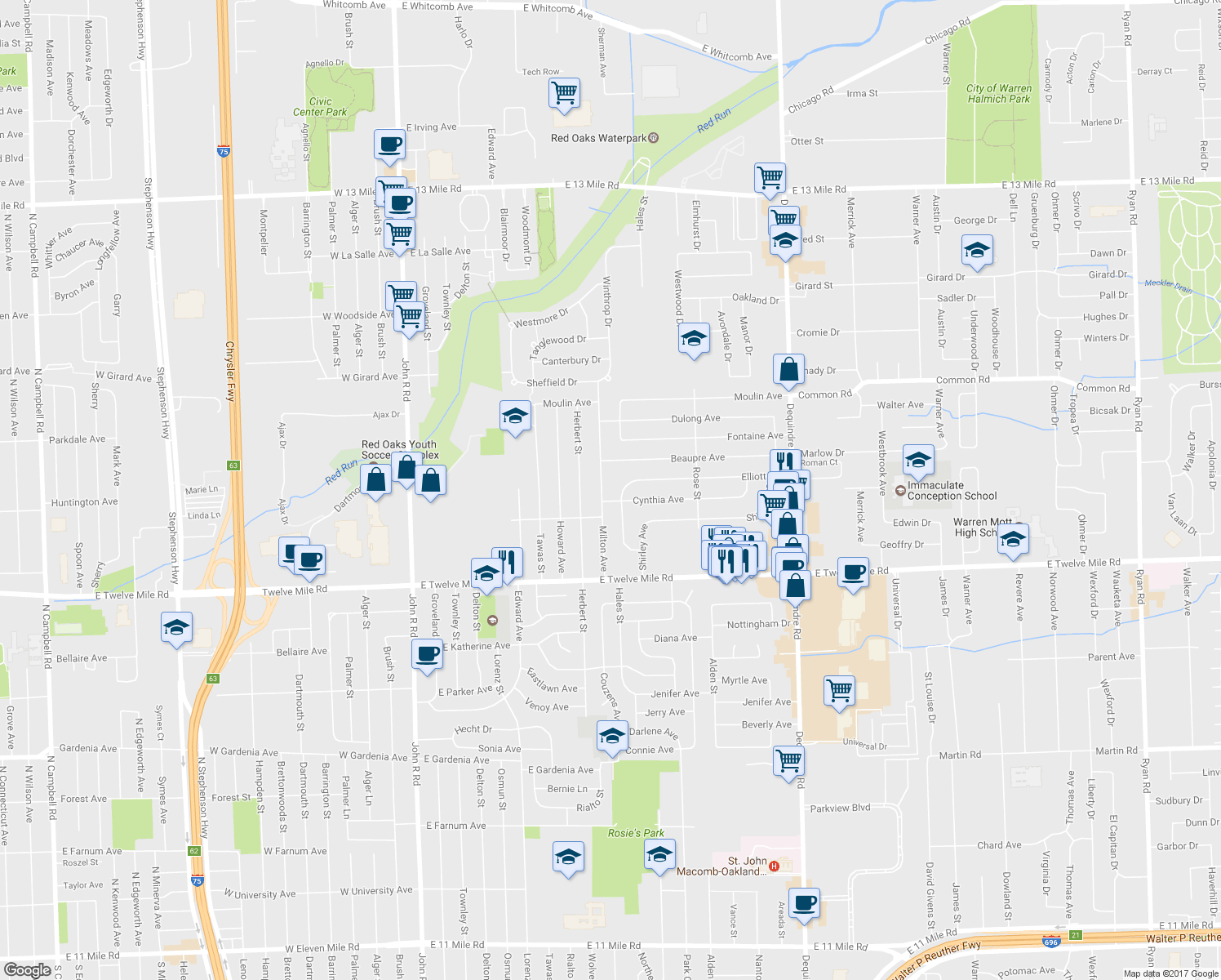 map of restaurants, bars, coffee shops, grocery stores, and more near 29374 Milton Avenue in Madison Heights