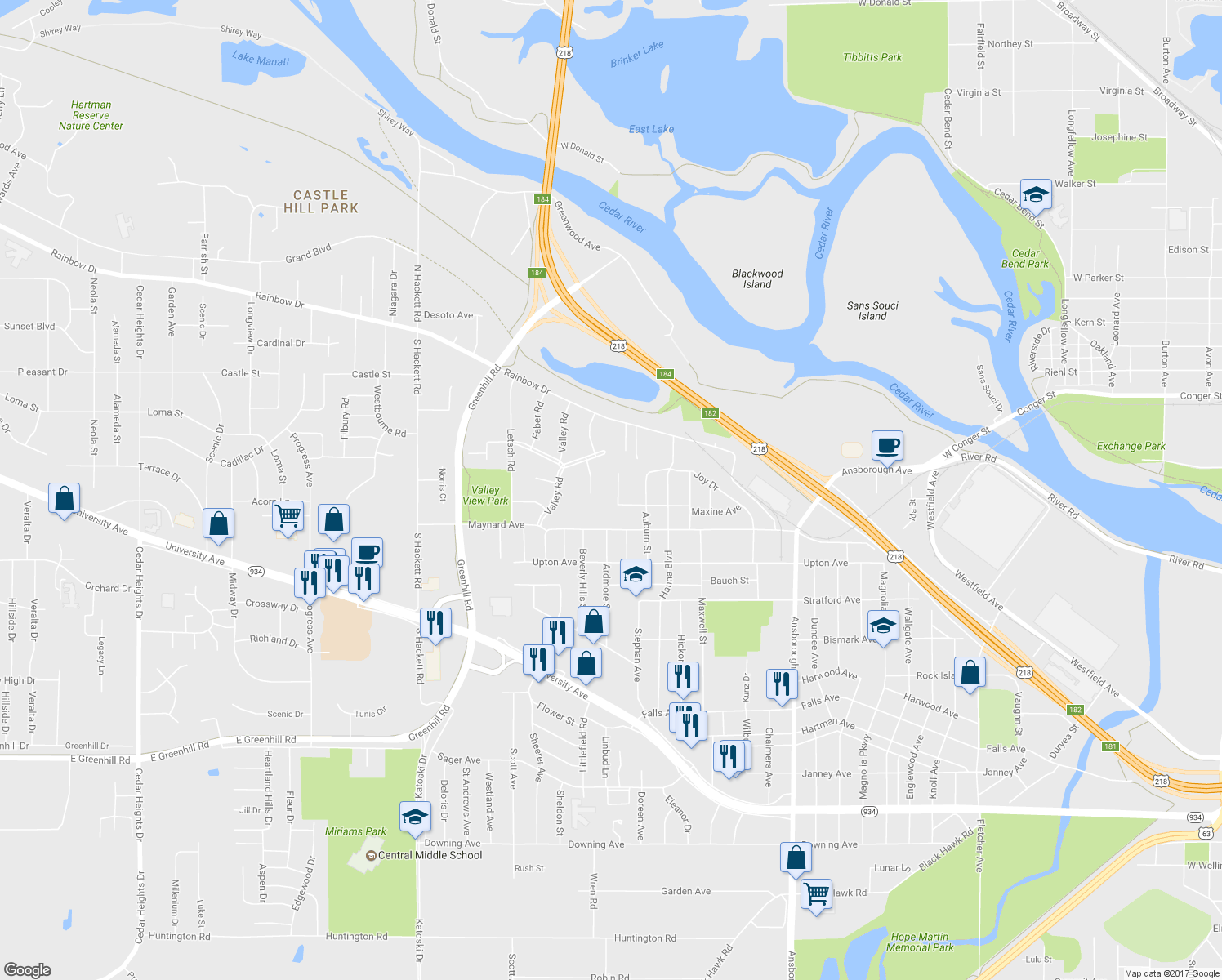 map of restaurants, bars, coffee shops, grocery stores, and more near 228 Zachary Court in Waterloo