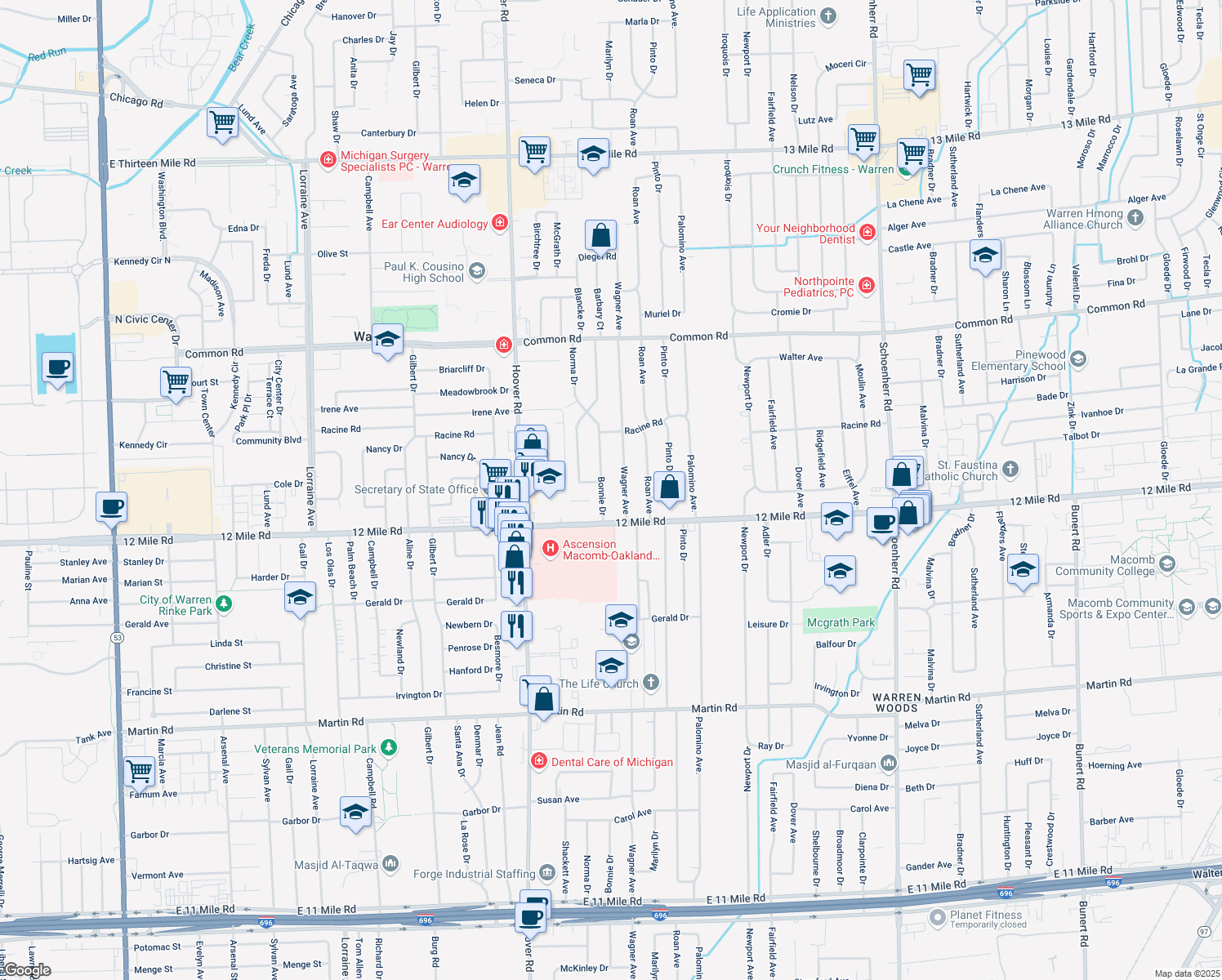 map of restaurants, bars, coffee shops, grocery stores, and more near 29134 Bonnie Drive in Warren