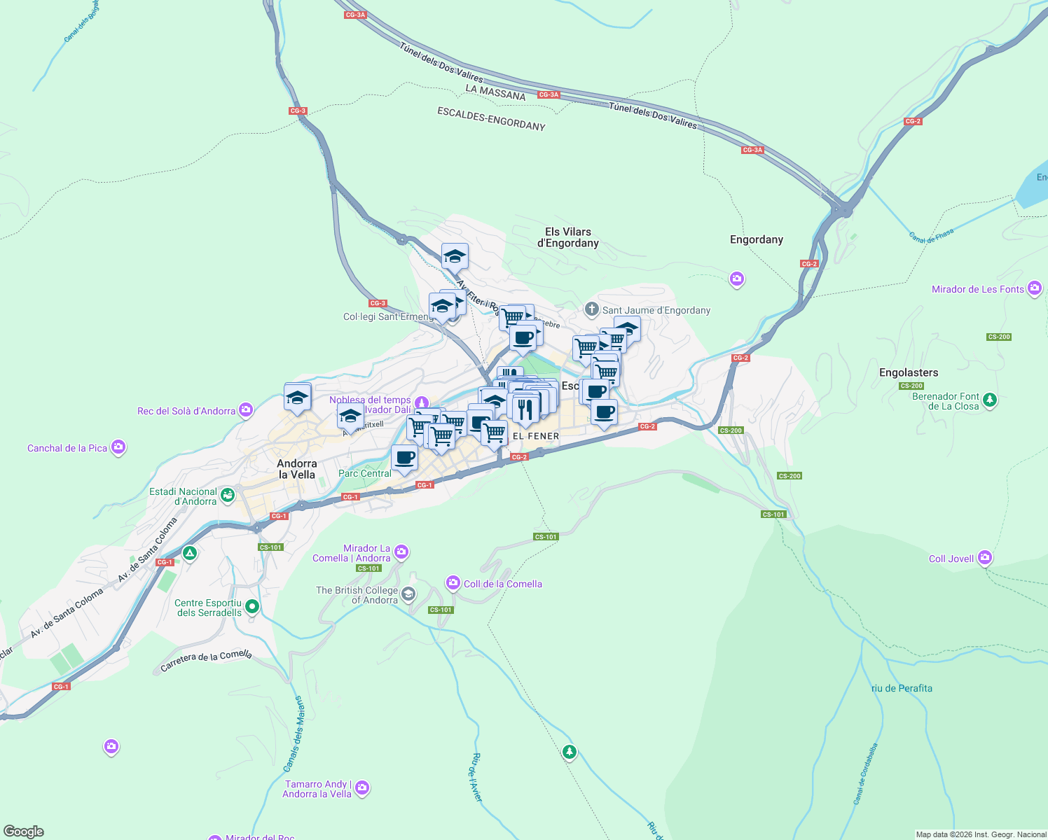 map of restaurants, bars, coffee shops, grocery stores, and more near 107 Avinguda Carlemany in Escaldes-Engordany