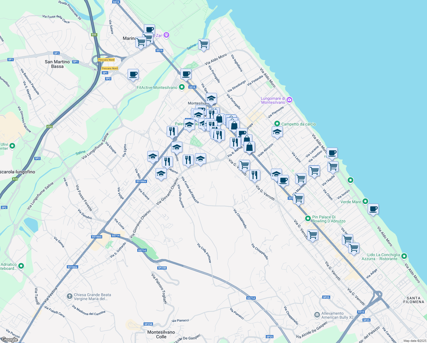 map of restaurants, bars, coffee shops, grocery stores, and more near 8 Via Manara in Montesilvano