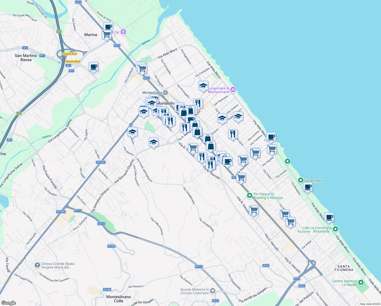 map of restaurants, bars, coffee shops, grocery stores, and more near Via Massimo D'Azeglio in Montesilvano