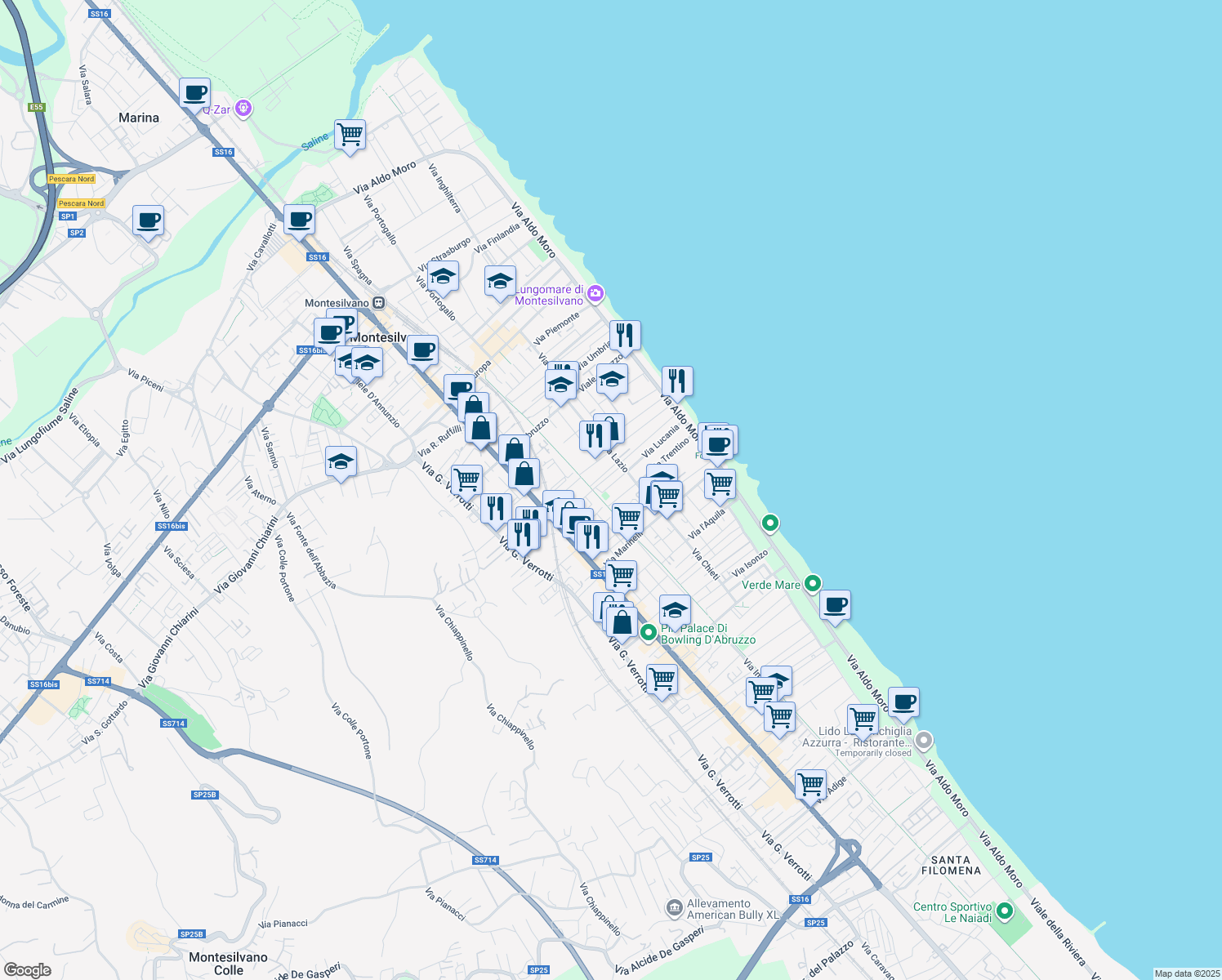 map of restaurants, bars, coffee shops, grocery stores, and more near 3 Via Guidonia in Montesilvano