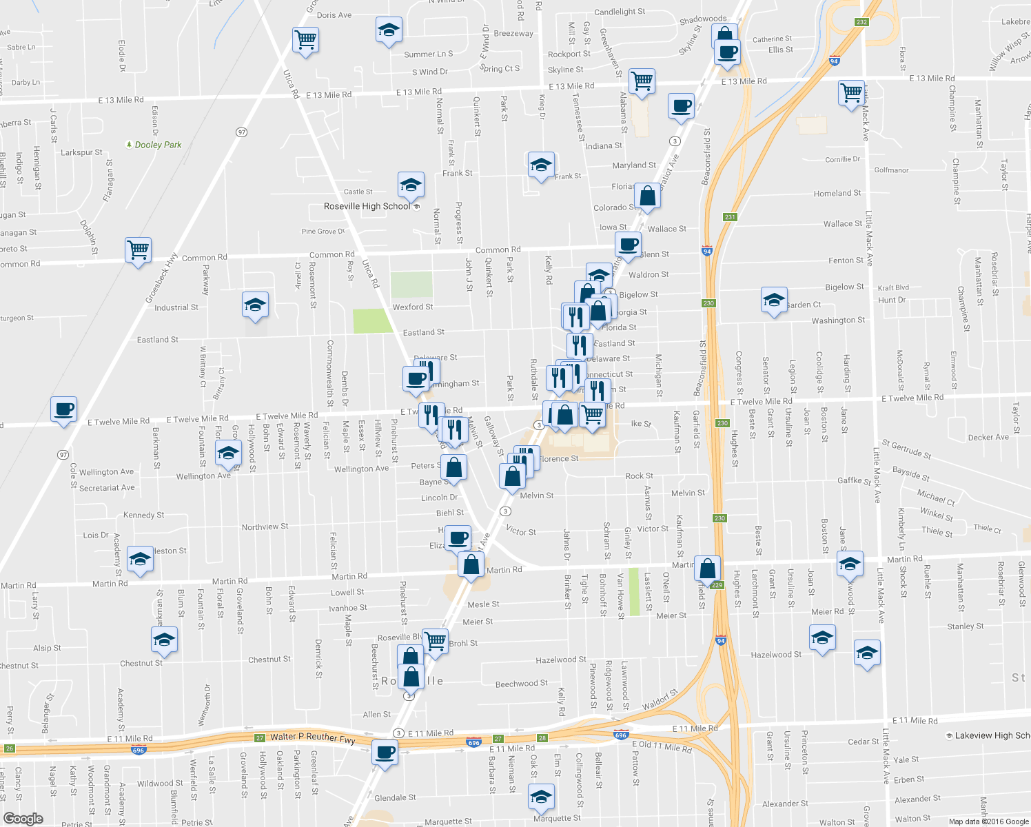 map of restaurants, bars, coffee shops, grocery stores, and more near 18524 East Twelve Mile Road in Roseville