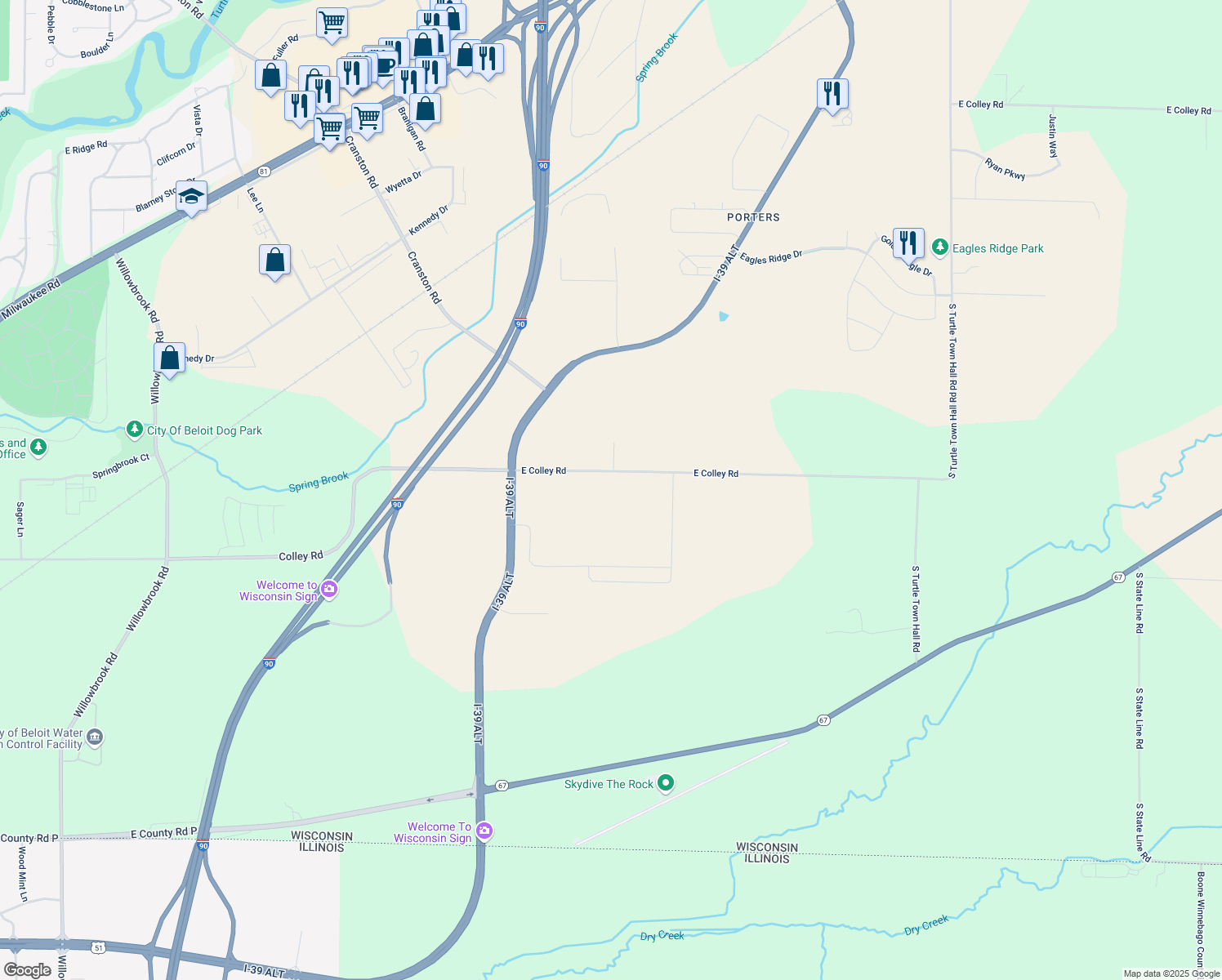 map of restaurants, bars, coffee shops, grocery stores, and more near 3230 East Colley Road in Beloit