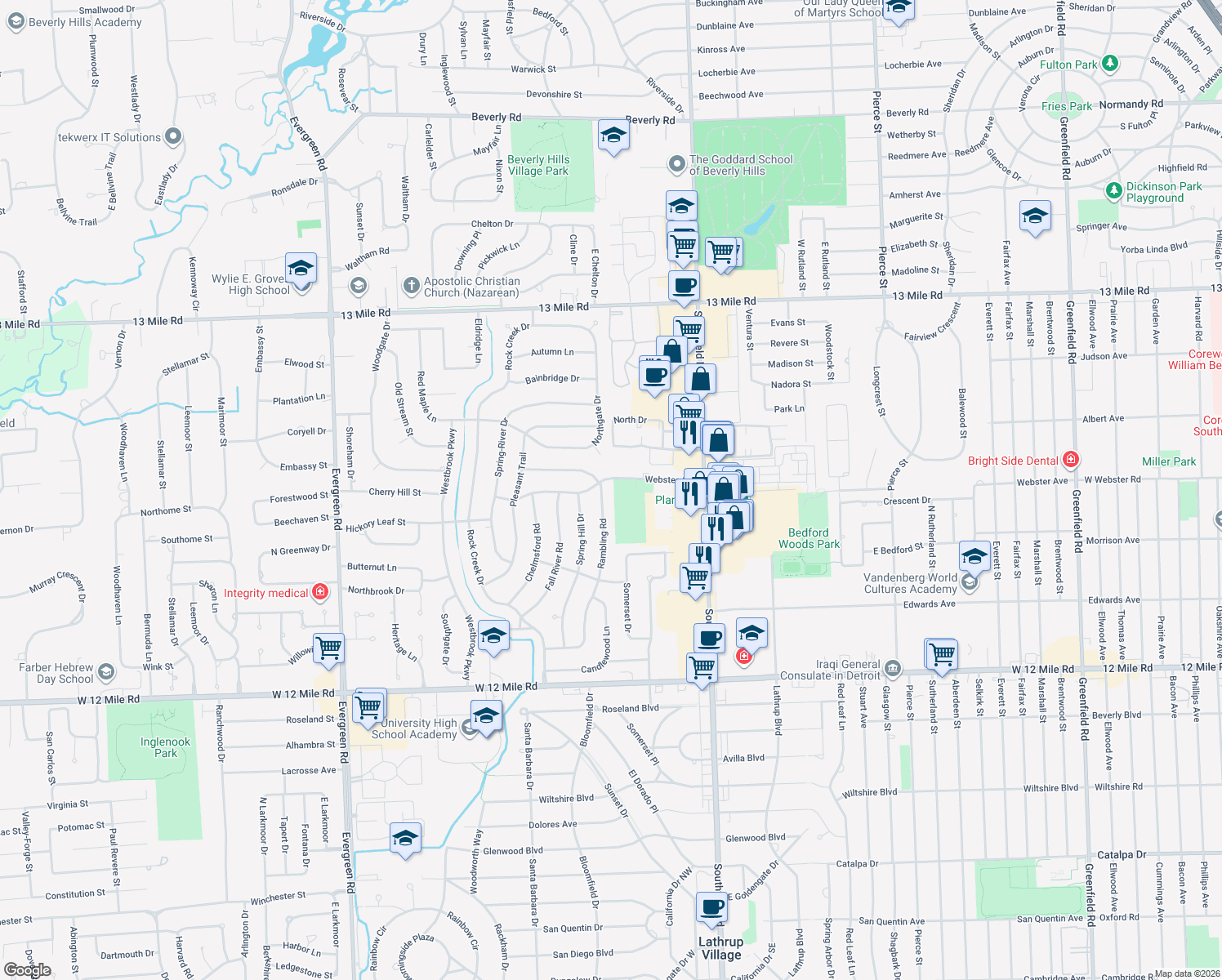 map of restaurants, bars, coffee shops, grocery stores, and more near 29950 Rambling Road in Southfield