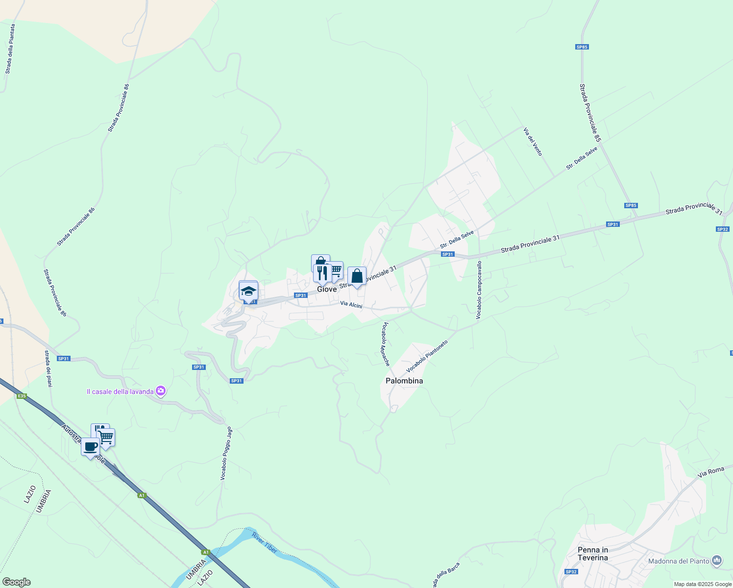 map of restaurants, bars, coffee shops, grocery stores, and more near 21 Via Santa Maria de Mattias in Giove