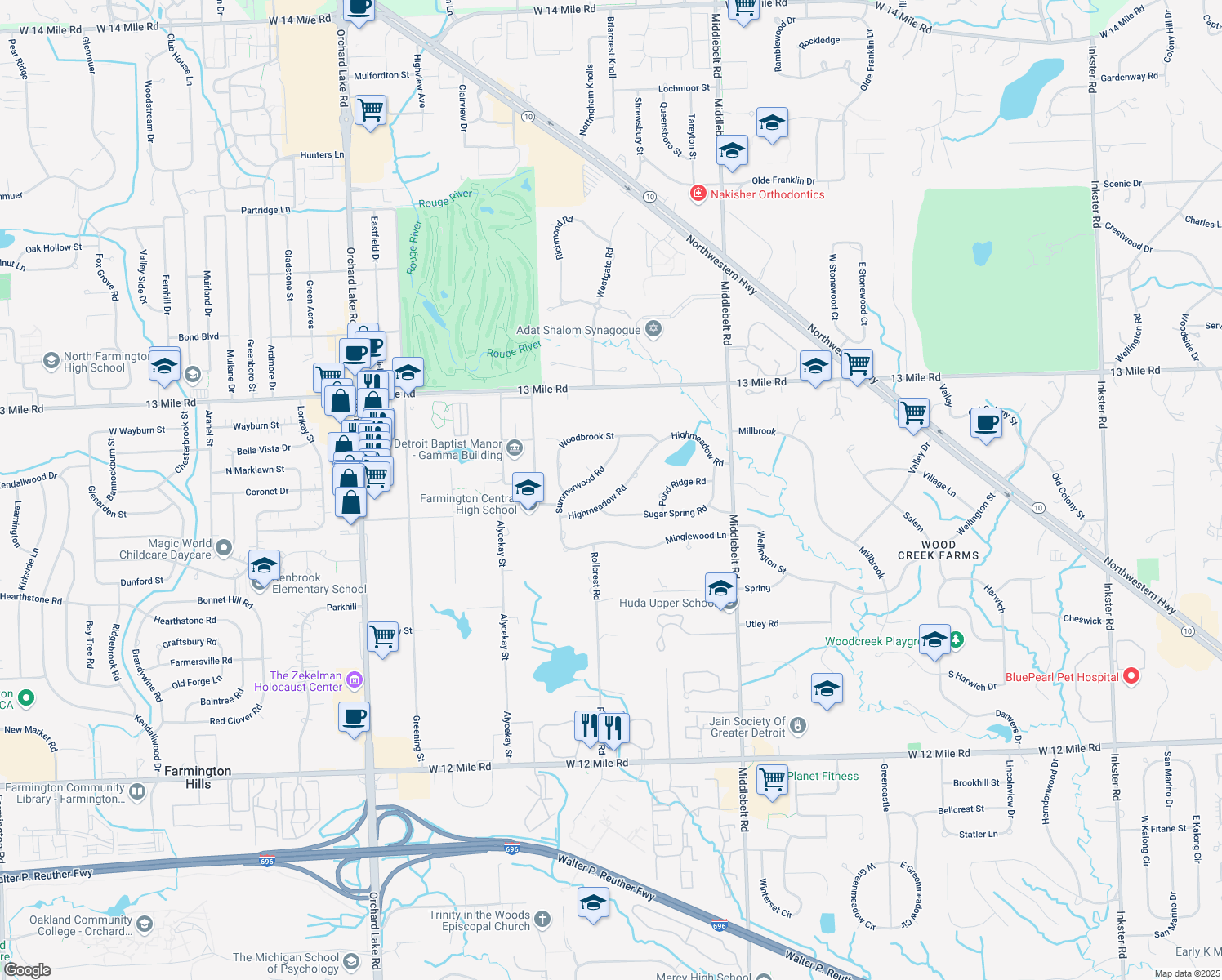 map of restaurants, bars, coffee shops, grocery stores, and more near 29924 Highmeadow Rd in Farmington Hills