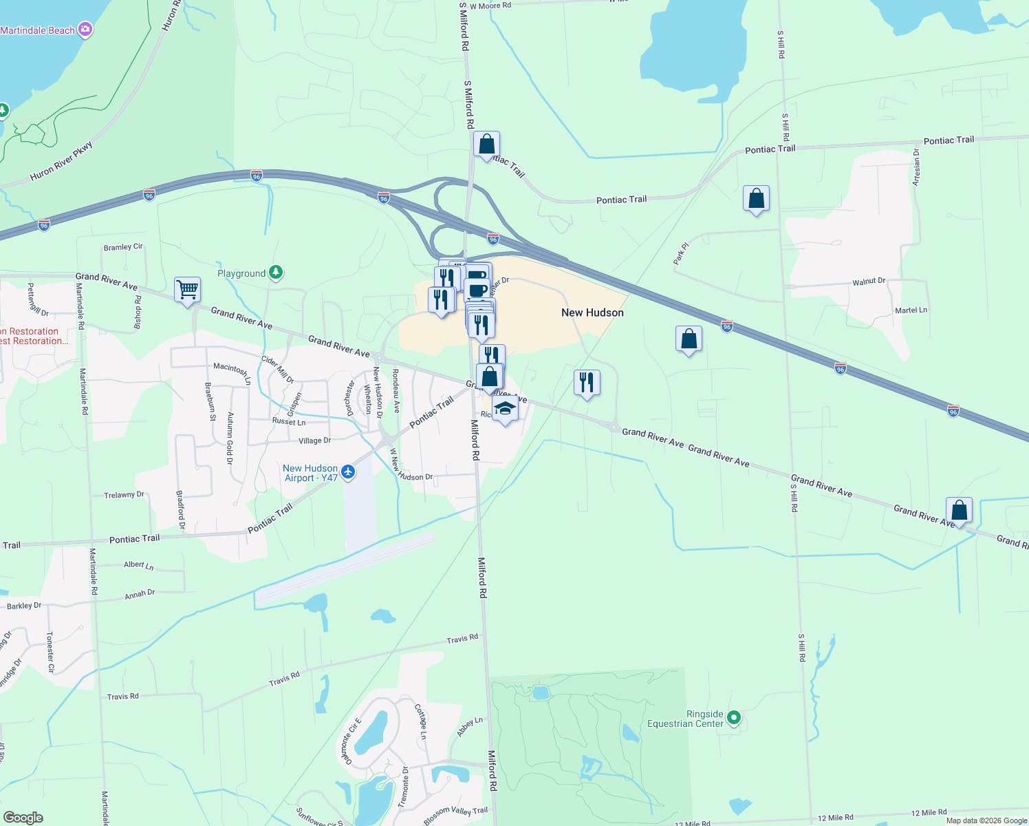 map of restaurants, bars, coffee shops, grocery stores, and more near 56744 Rice Street in Lyon Charter Township
