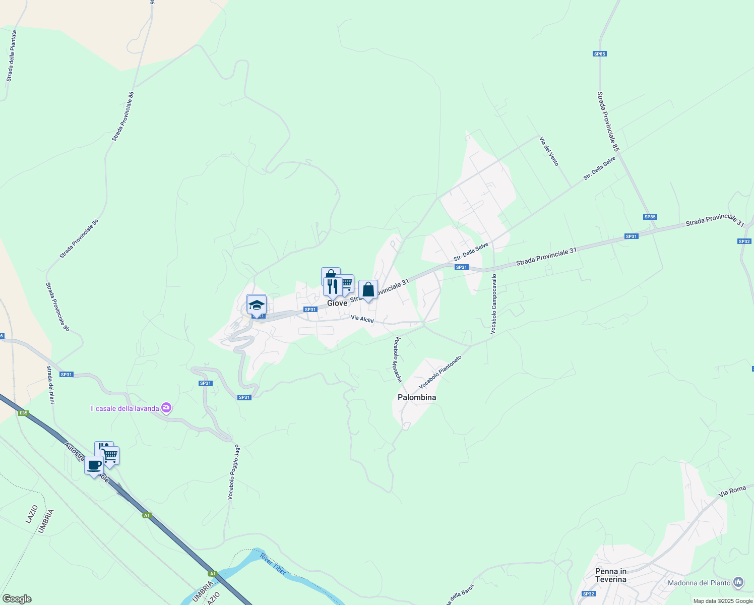 map of restaurants, bars, coffee shops, grocery stores, and more near 21 Via Santa Maria de Mattias in Giove