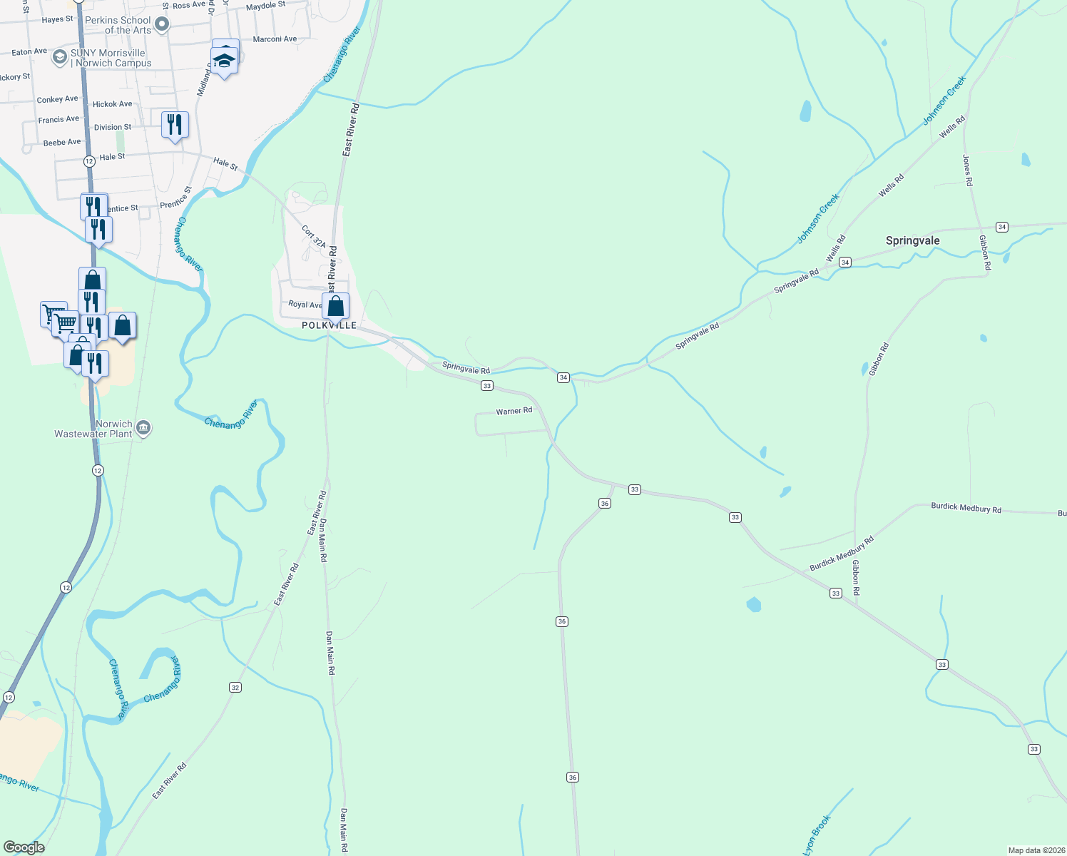 map of restaurants, bars, coffee shops, grocery stores, and more near 185 Warner Road in Norwich