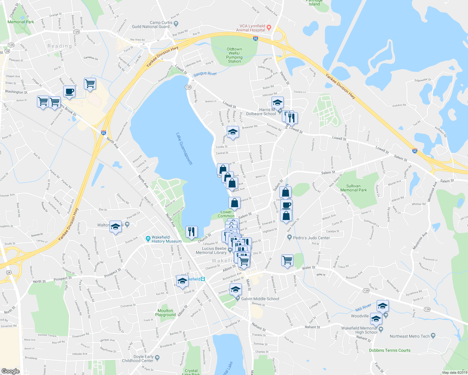 map of restaurants, bars, coffee shops, grocery stores, and more near 8 White Avenue in Wakefield