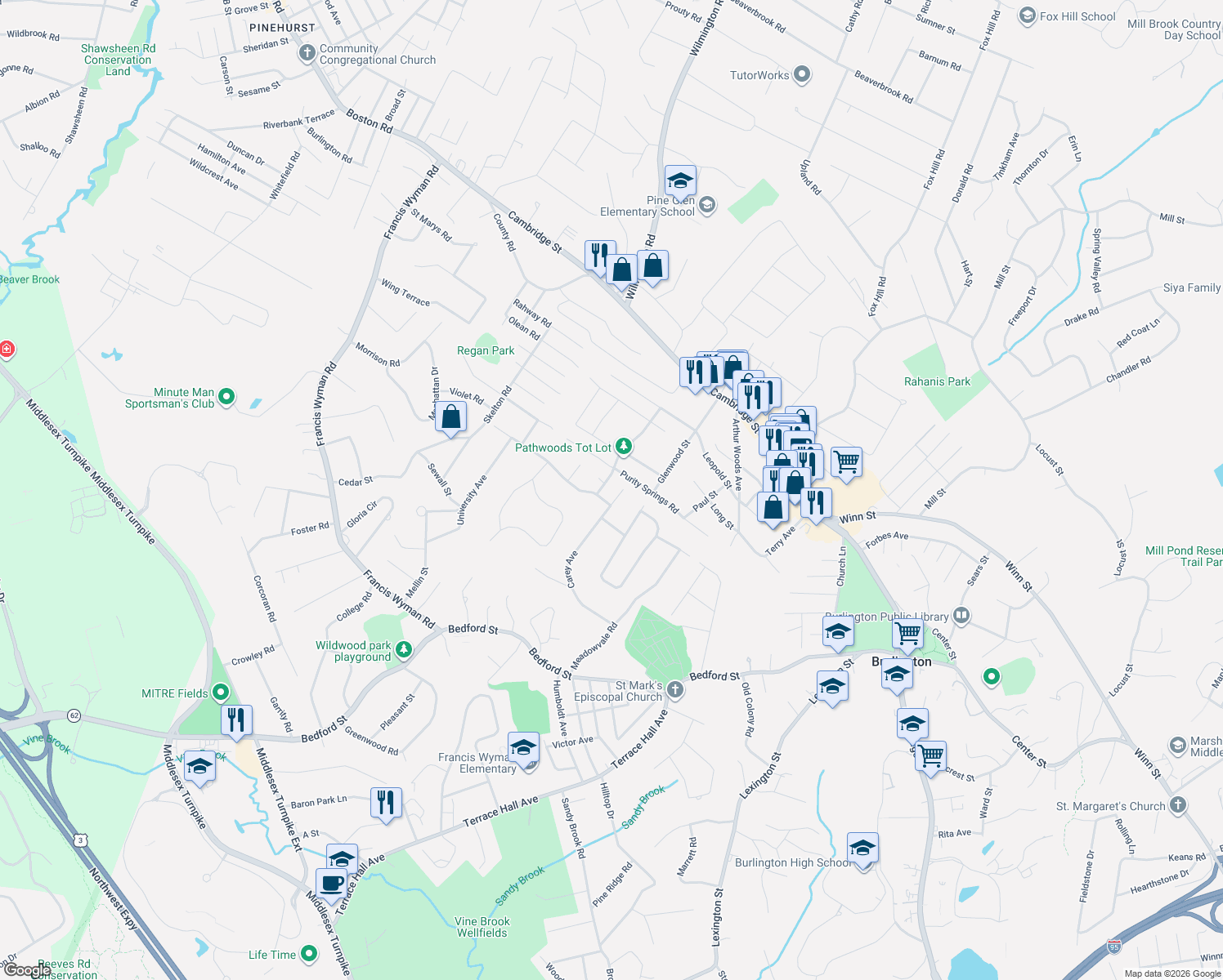 map of restaurants, bars, coffee shops, grocery stores, and more near 28 Pathwoods Avenue in Burlington
