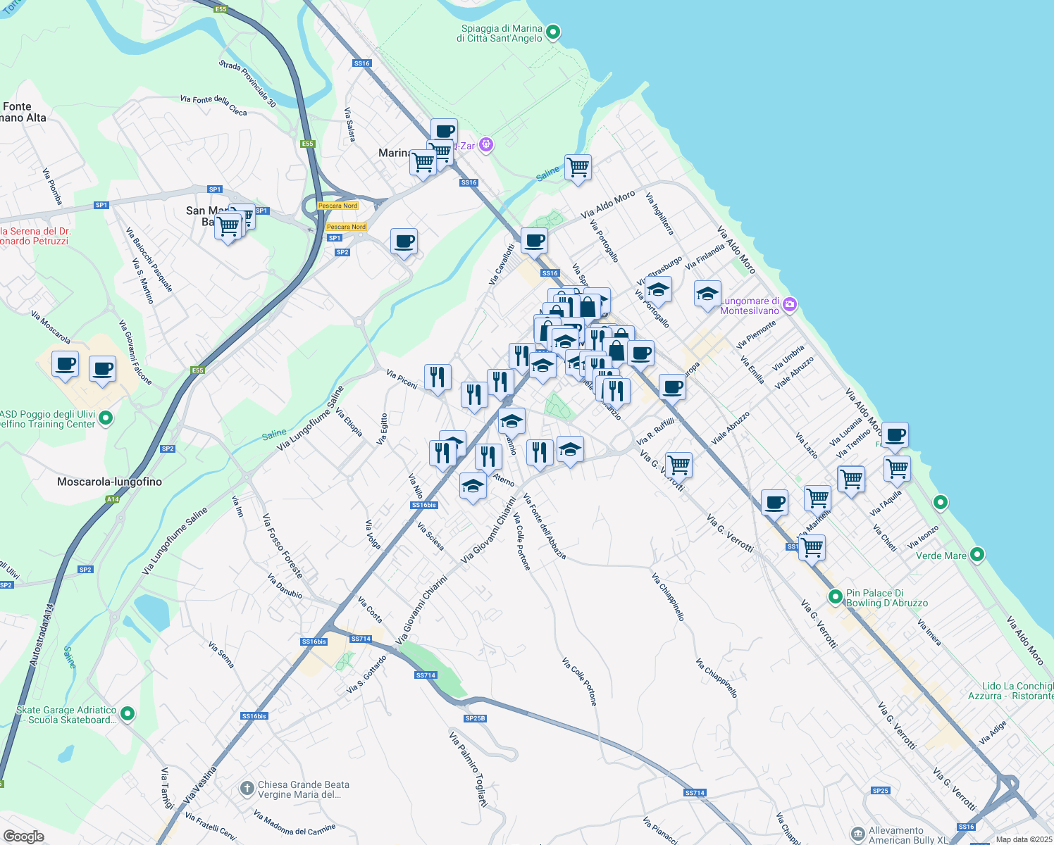 map of restaurants, bars, coffee shops, grocery stores, and more near via Giorgio Almirante in Montesilvano