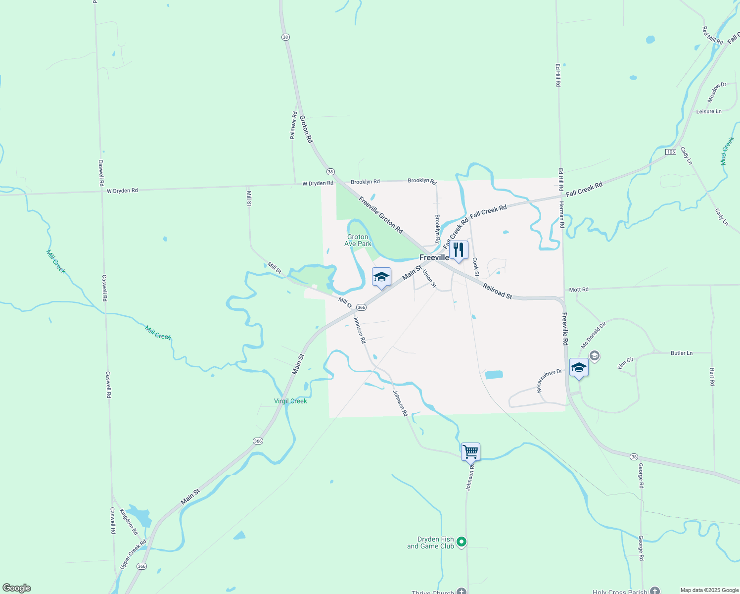 map of restaurants, bars, coffee shops, grocery stores, and more near 52 Main St in Freeville
