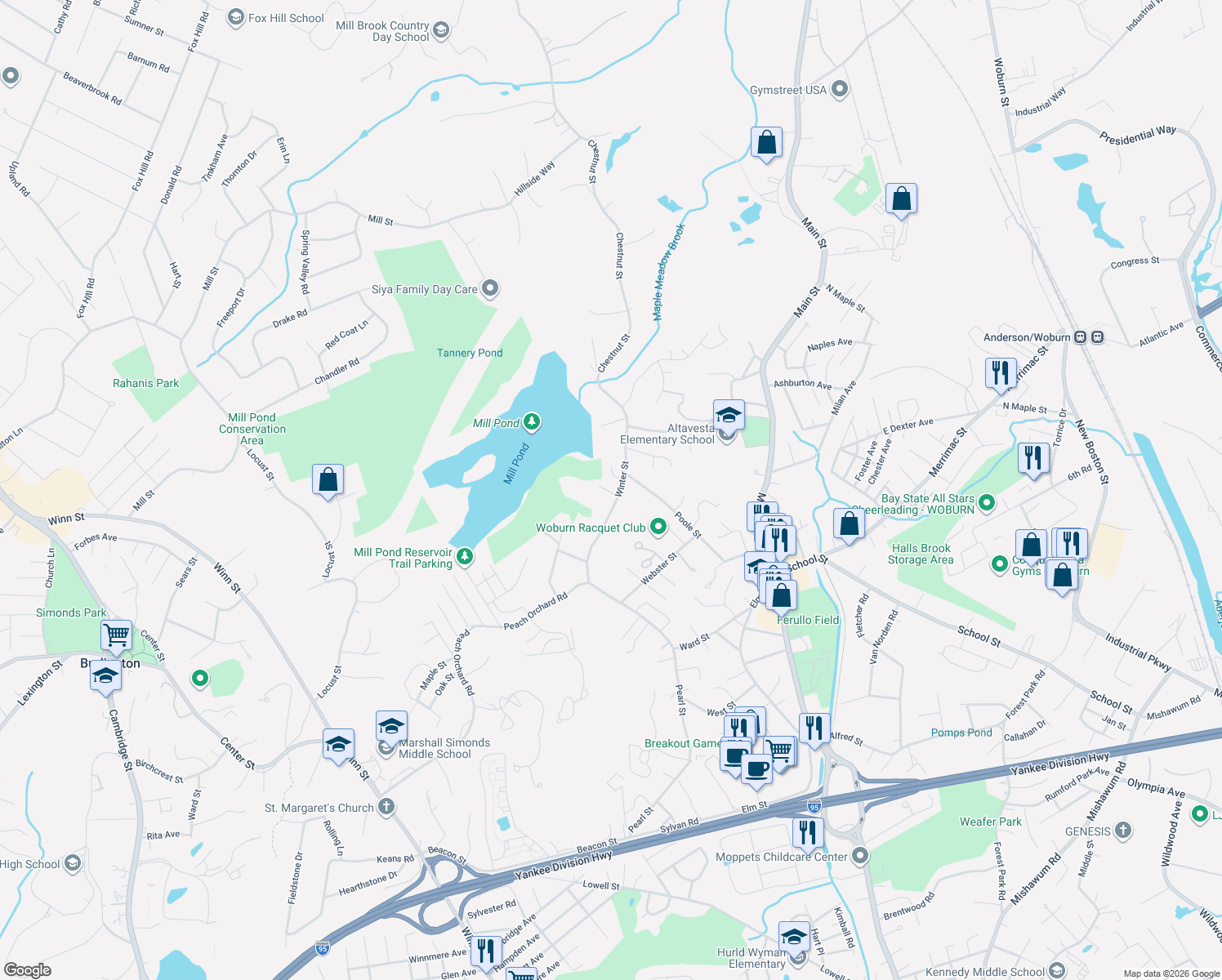 map of restaurants, bars, coffee shops, grocery stores, and more near 16 Winter St in Woburn