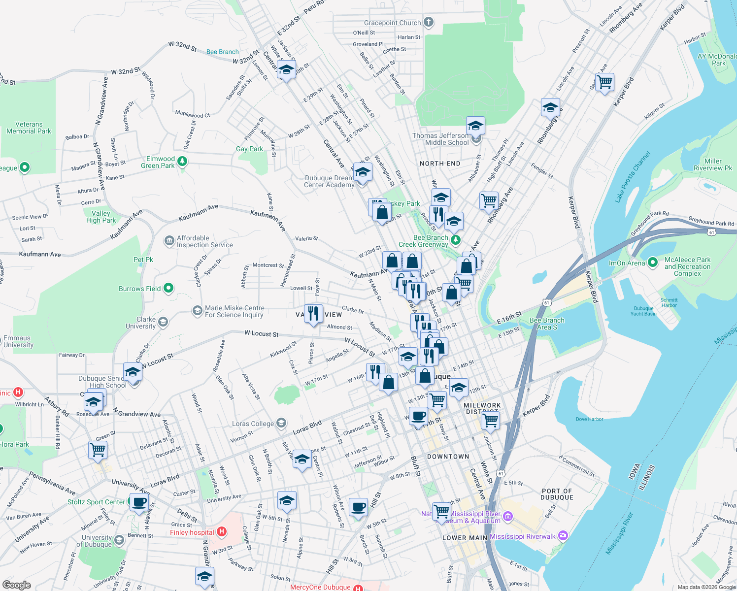 map of restaurants, bars, coffee shops, grocery stores, and more near 215 Lowell Street in Dubuque