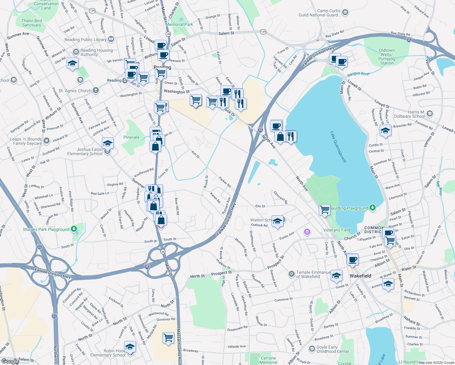 map of restaurants, bars, coffee shops, grocery stores, and more near 149 Parker Road in Wakefield