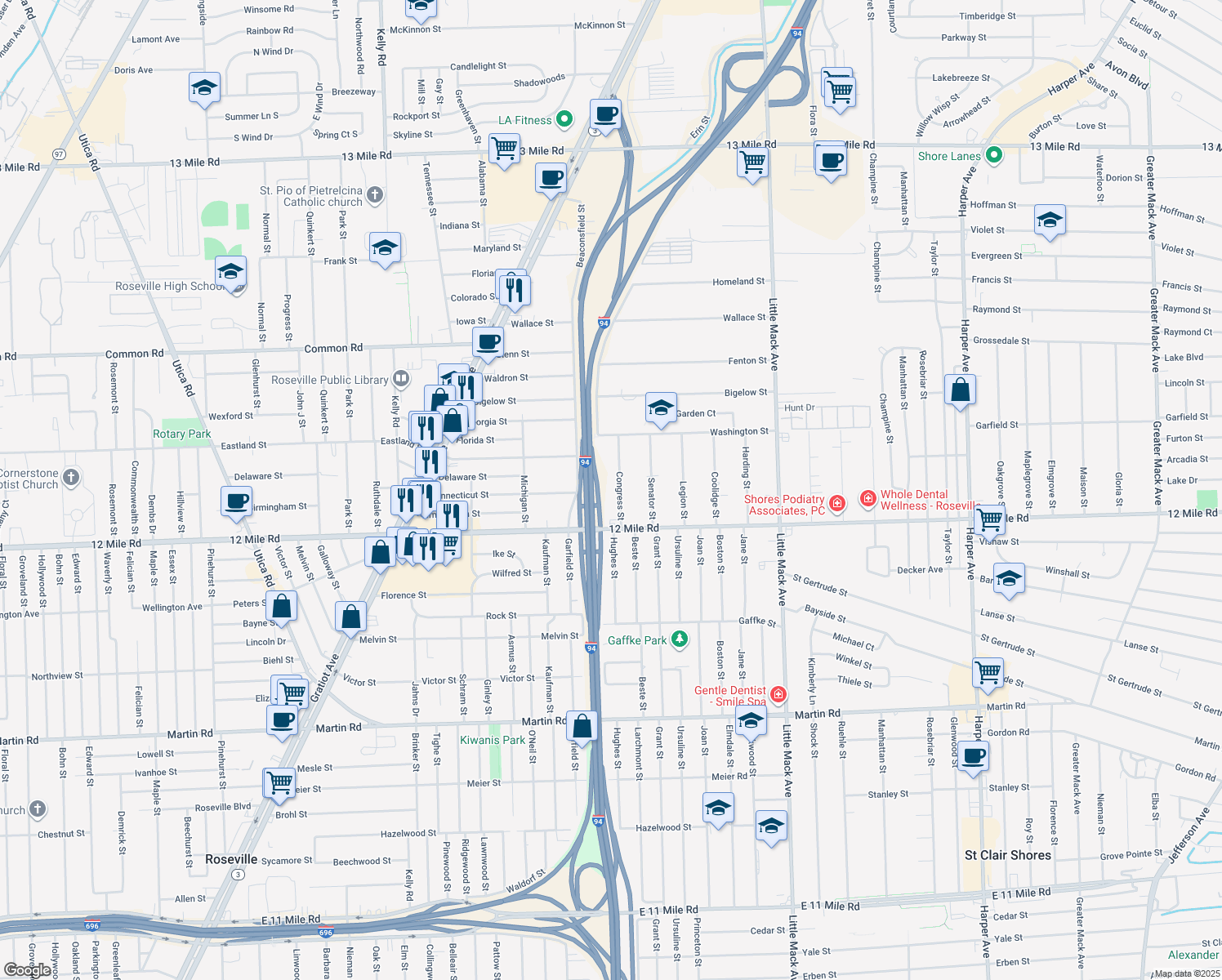 map of restaurants, bars, coffee shops, grocery stores, and more near 29141 Congress Street in Roseville