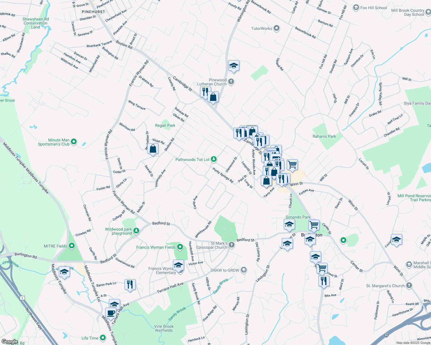 map of restaurants, bars, coffee shops, grocery stores, and more near 36 Purity Springs Road in Burlington