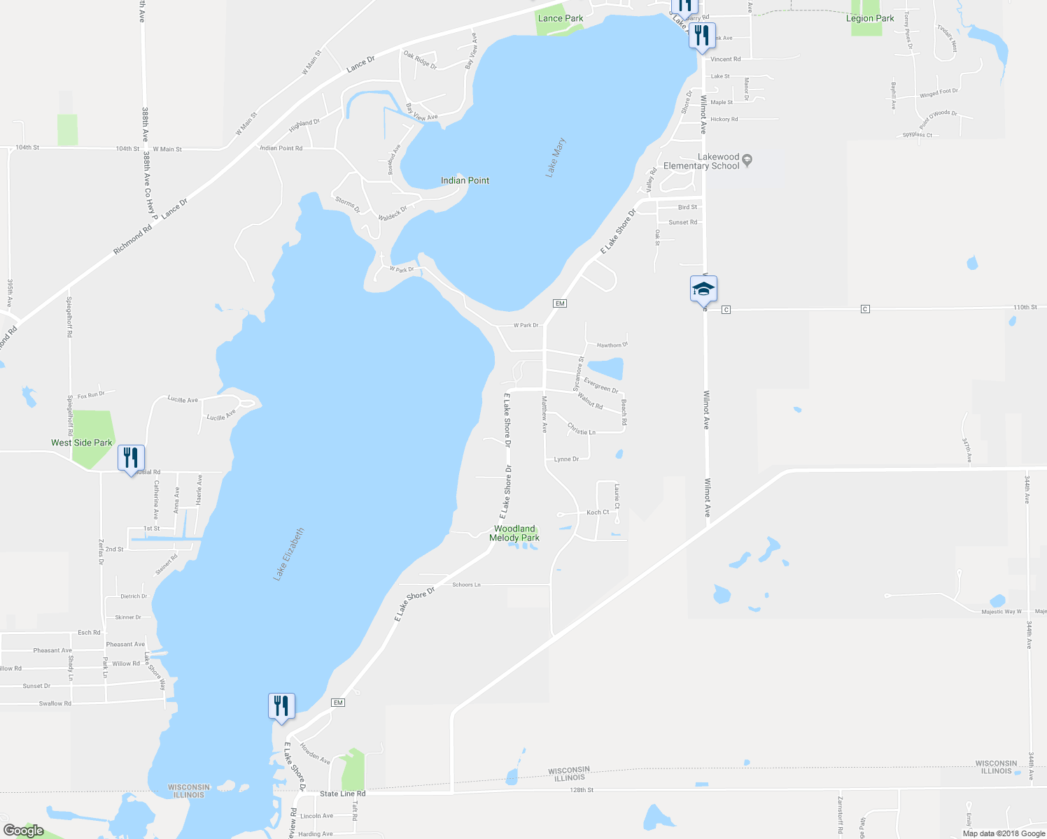 map of restaurants, bars, coffee shops, grocery stores, and more near 2020 East Lake Shore Drive in Twin Lakes