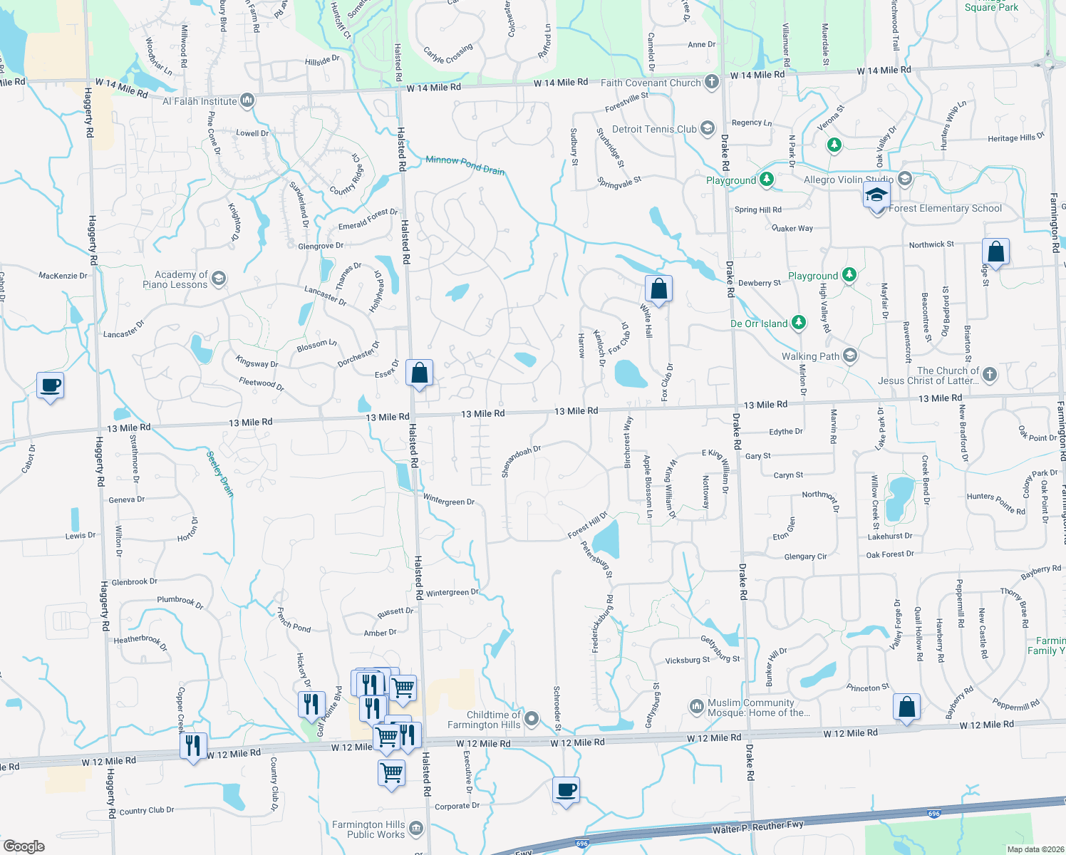 map of restaurants, bars, coffee shops, grocery stores, and more near 29447 Arlington Way in Farmington Hills